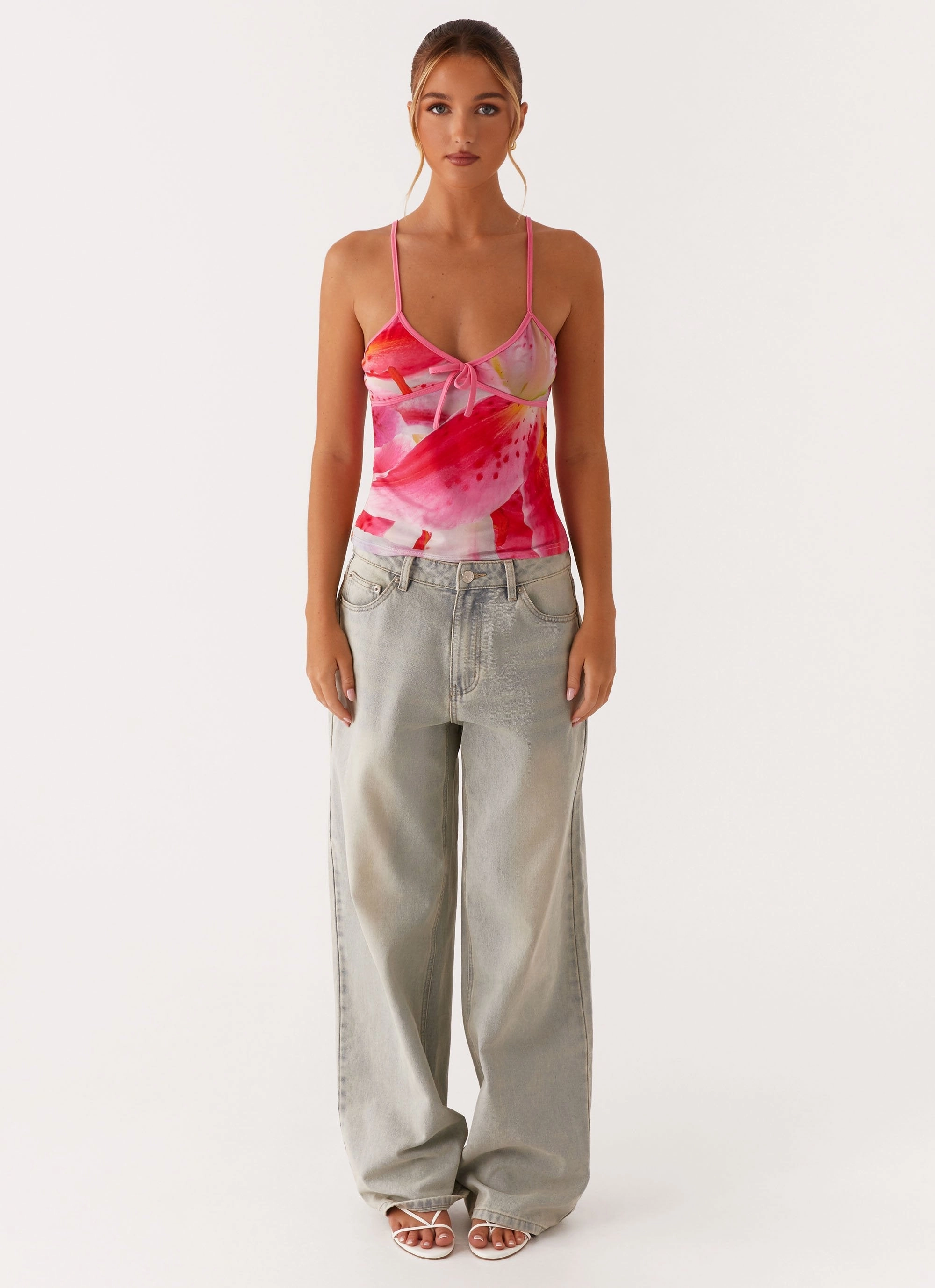 Claudie Mesh Top - White Pink Lilly Hidden Storage Pockets