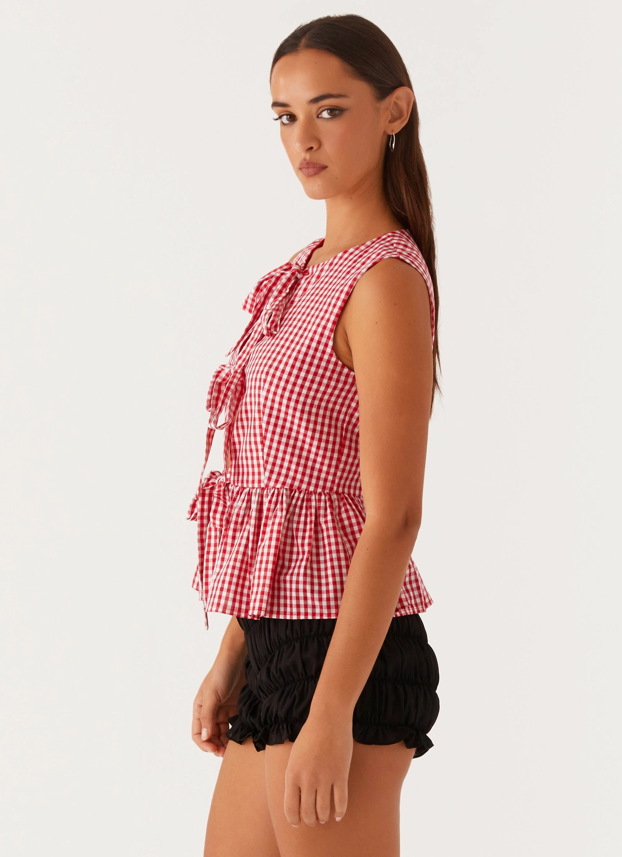 Cyrene Tie Top - Red Gingham Weighted Hem Design