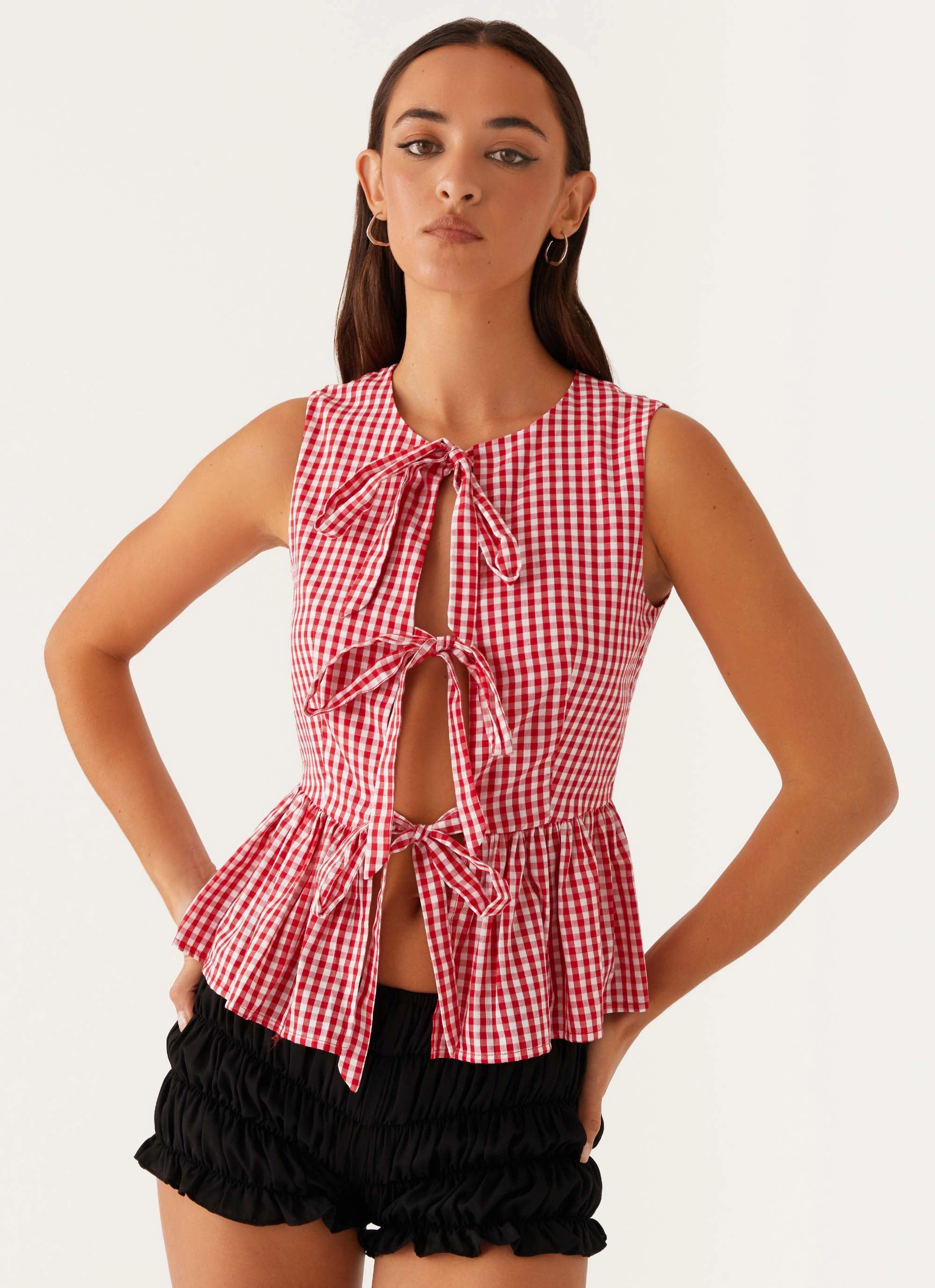 Cyrene Tie Top - Red Gingham Easycare Durable Weave