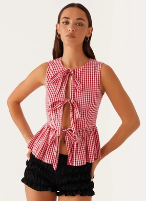Cyrene Tie Top - Red Gingham Easycare Durable Weave
