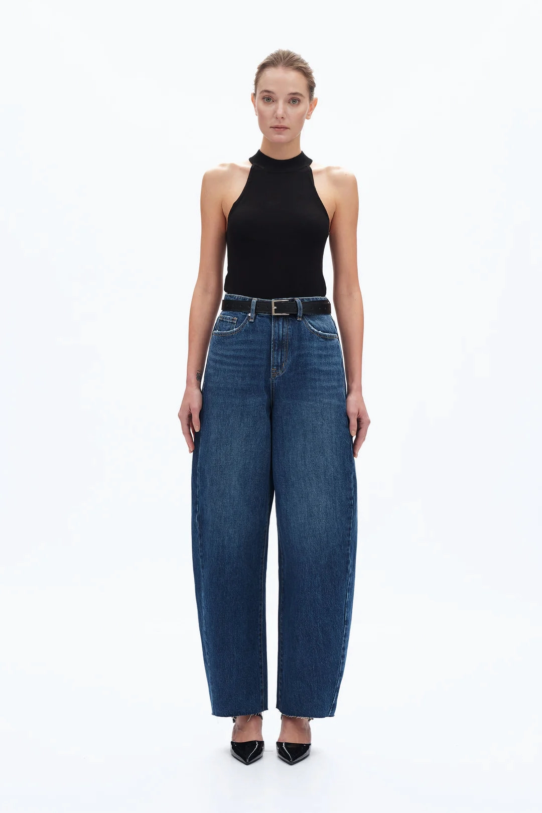 Bohemian style Super High Rise Barrel Denim Jeans - Dark Blue