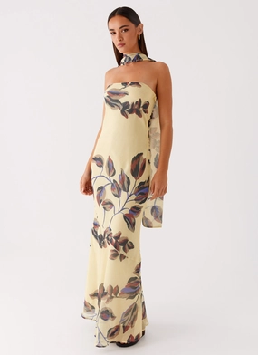 Under The Pagoda Maxi Dress - Buttercream Leaf Print BreathableLining