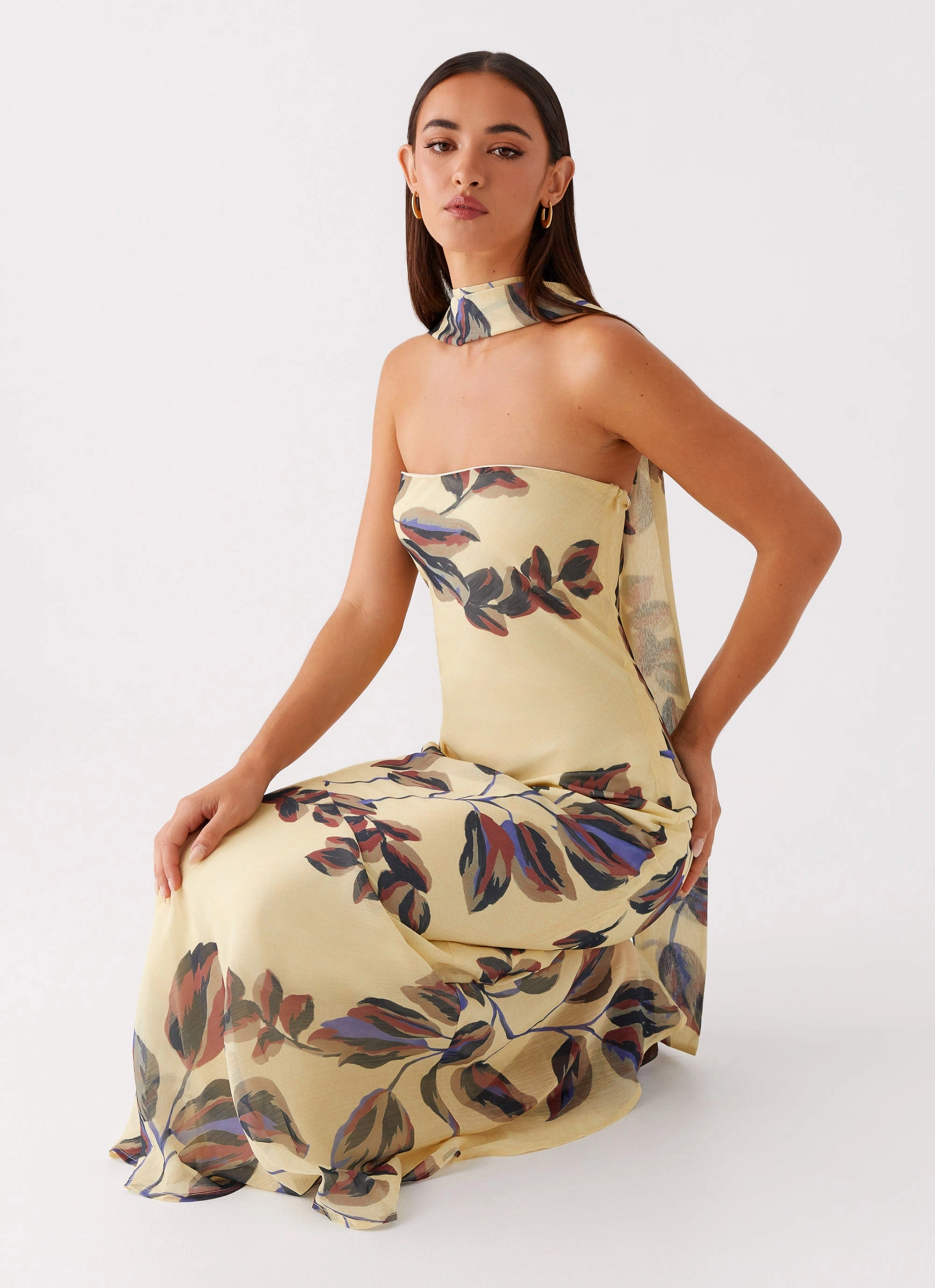 Under The Pagoda Maxi Dress - Buttercream Leaf Print Power Soft TemperatureRegulatingFabric
