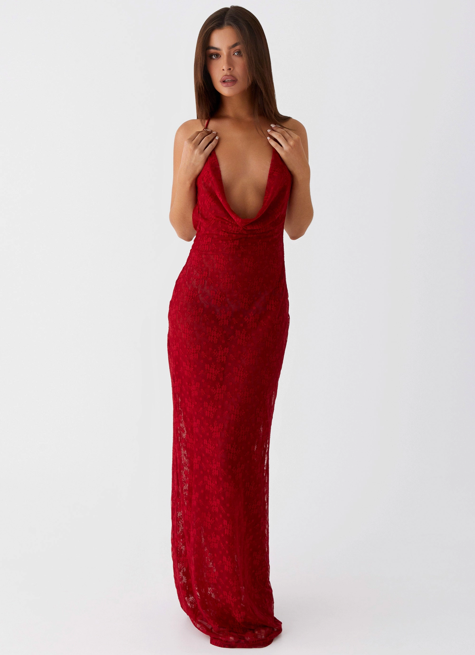 Champagne Coastline Maxi Dress - Dark Red Lace Fine Calm Outfit