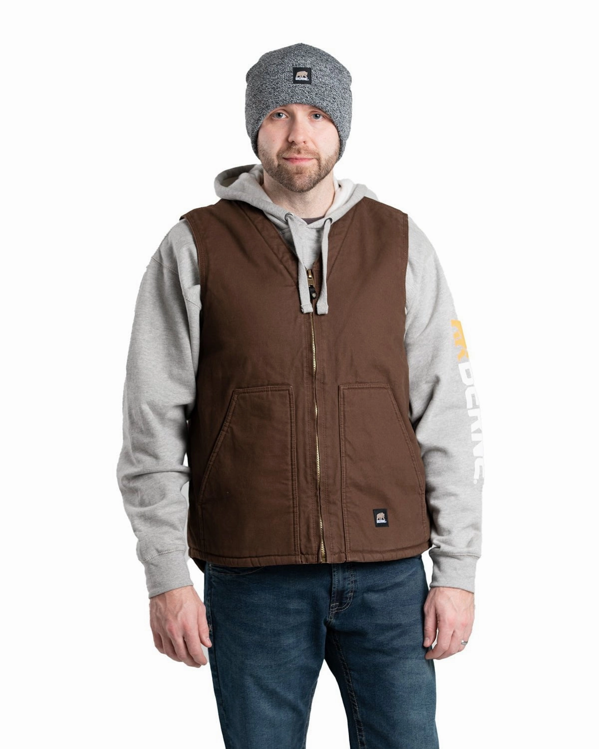 Berne Apparel Mens Heartland Sherpa-Lined V-Neck Bark 100% Cotton Vest Seam Sealed Construction