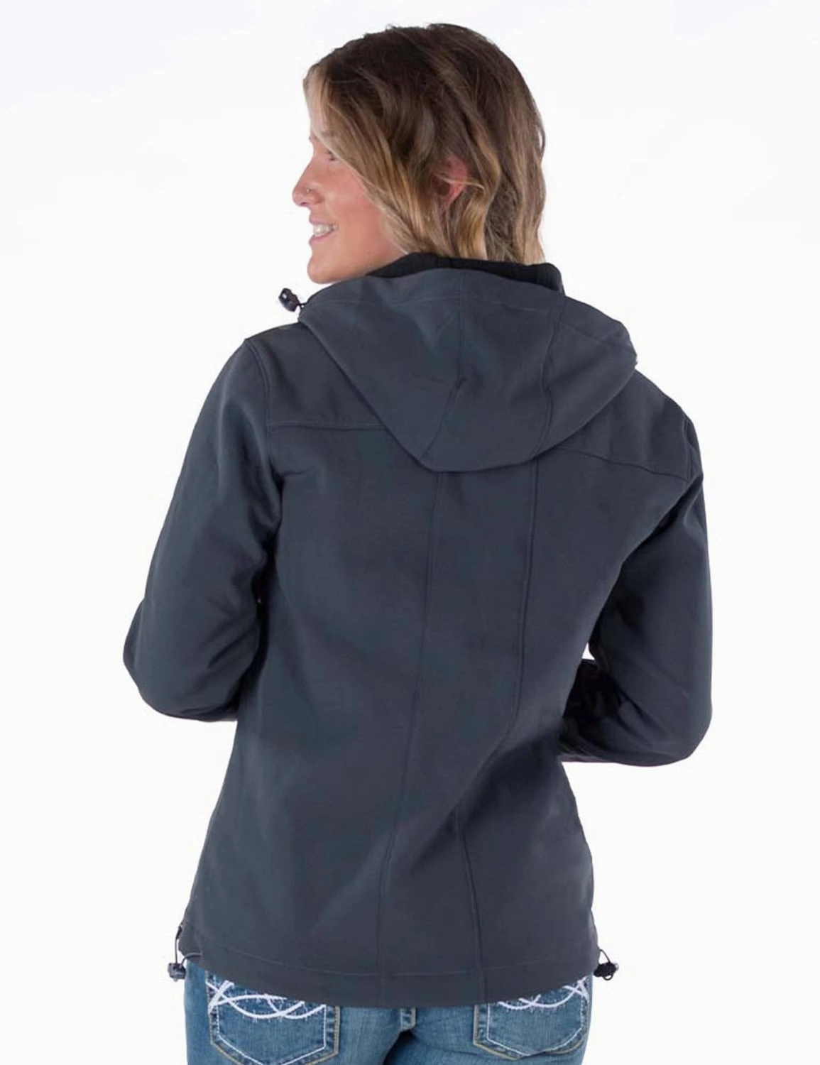Adjustable drawstring Snap Closure System Cowgirl Tuff Womens Stretch Charcoal Nylon Softshell Jacket