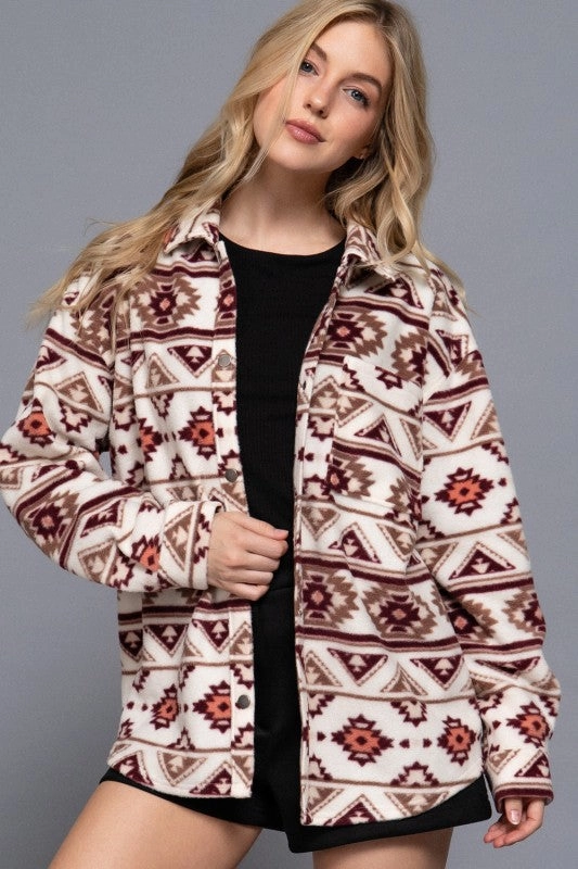 Recycled Polyester Blend Outdoor Activity Kara Long Slv Printed Fleece Shacket