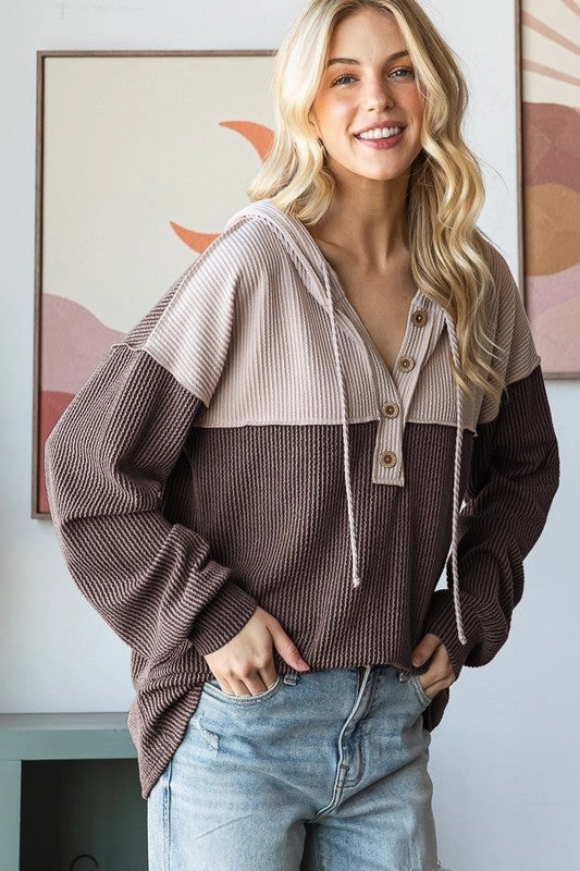 Urban Ribbed Contrast Hoodie With Button Stretchable Weave