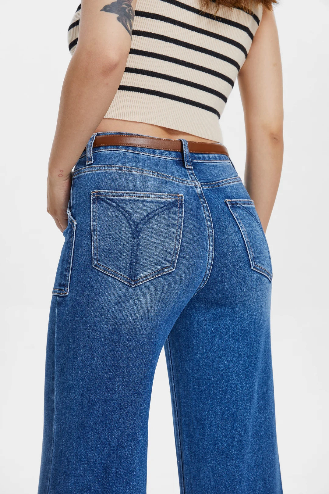 Versatile Layering HeavyweightThermal Utility Patch Pocket Wide Leg Jeans - Dark Indigo