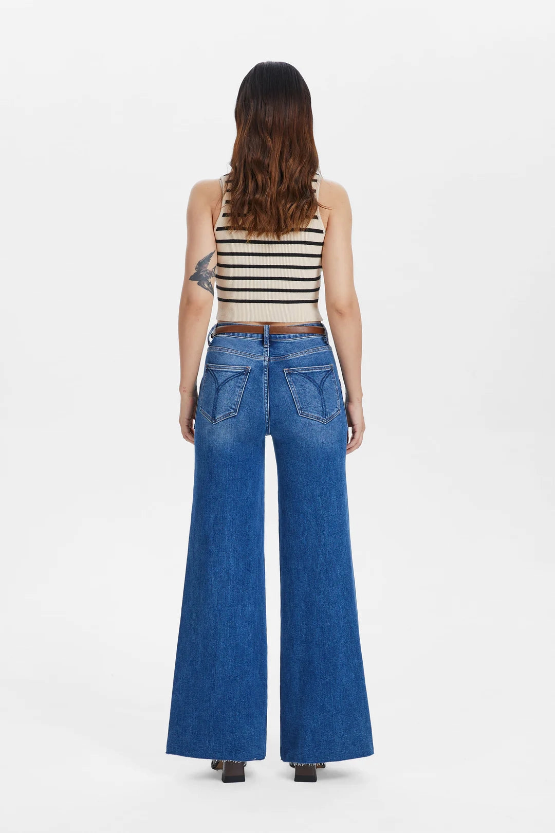 Contemporary Cut Utility Patch Pocket Wide Leg Jeans - Dark Indigo