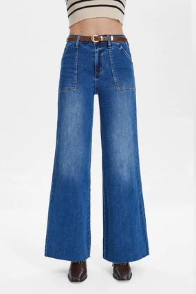 Utility Patch Pocket Wide Leg Jeans - Dark Indigo Slim Comfort