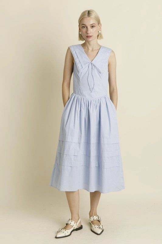 Sailor Collar Midi Dress - Blue High Density Weave