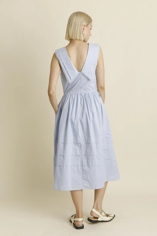Minimalist-Trend Balanced Lines Sailor Collar Midi Dress - Blue