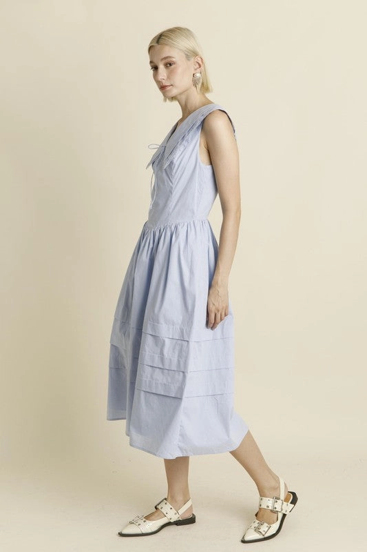Sailor Collar Midi Dress - Blue Modern Silhouette