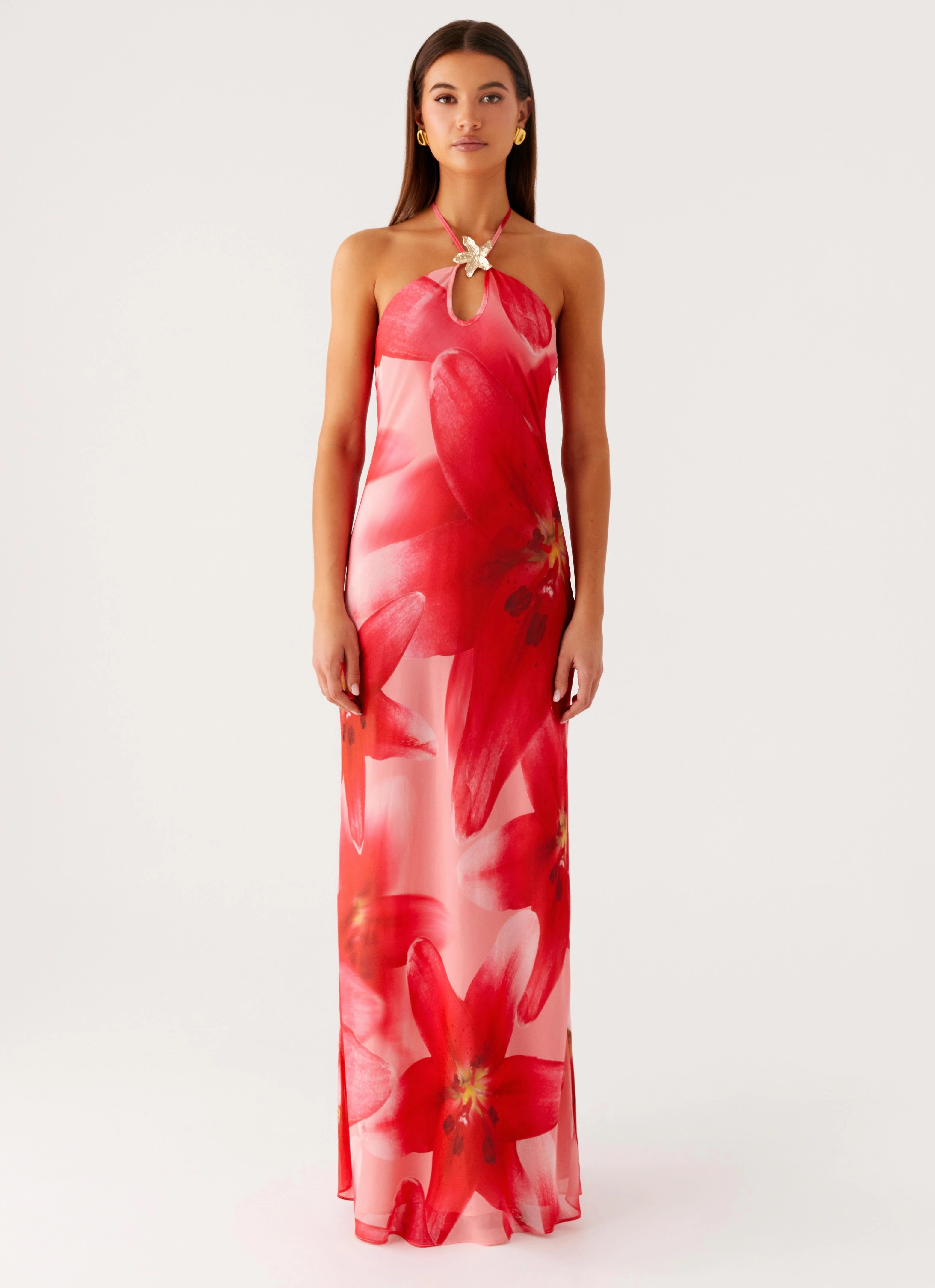 Simple Profile Vatiana Chiffon Maxi Dress - Peach Watermelon Flower