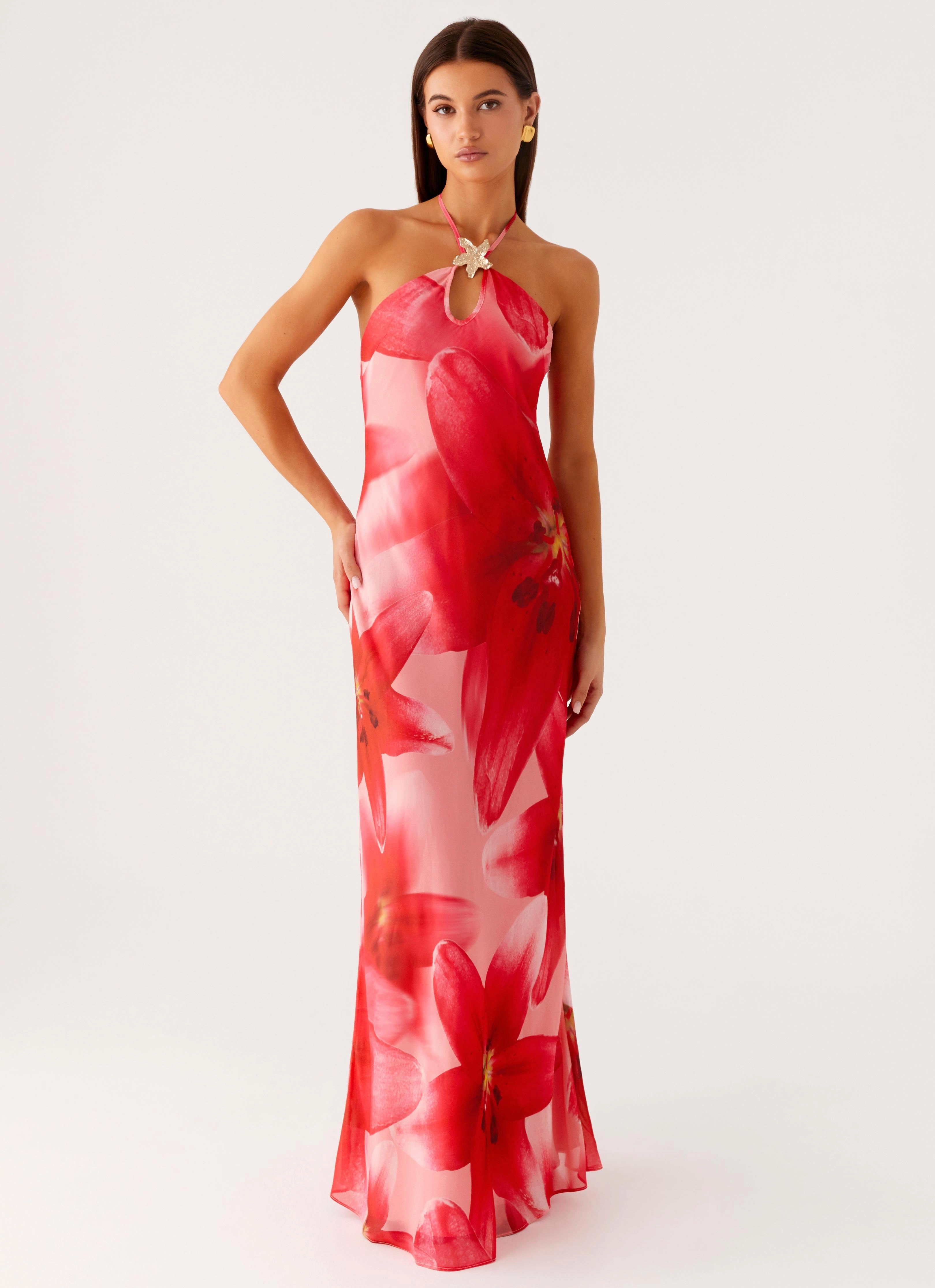 Vatiana Chiffon Maxi Dress - Peach Watermelon Flower Trendy Style Elegant Appearance