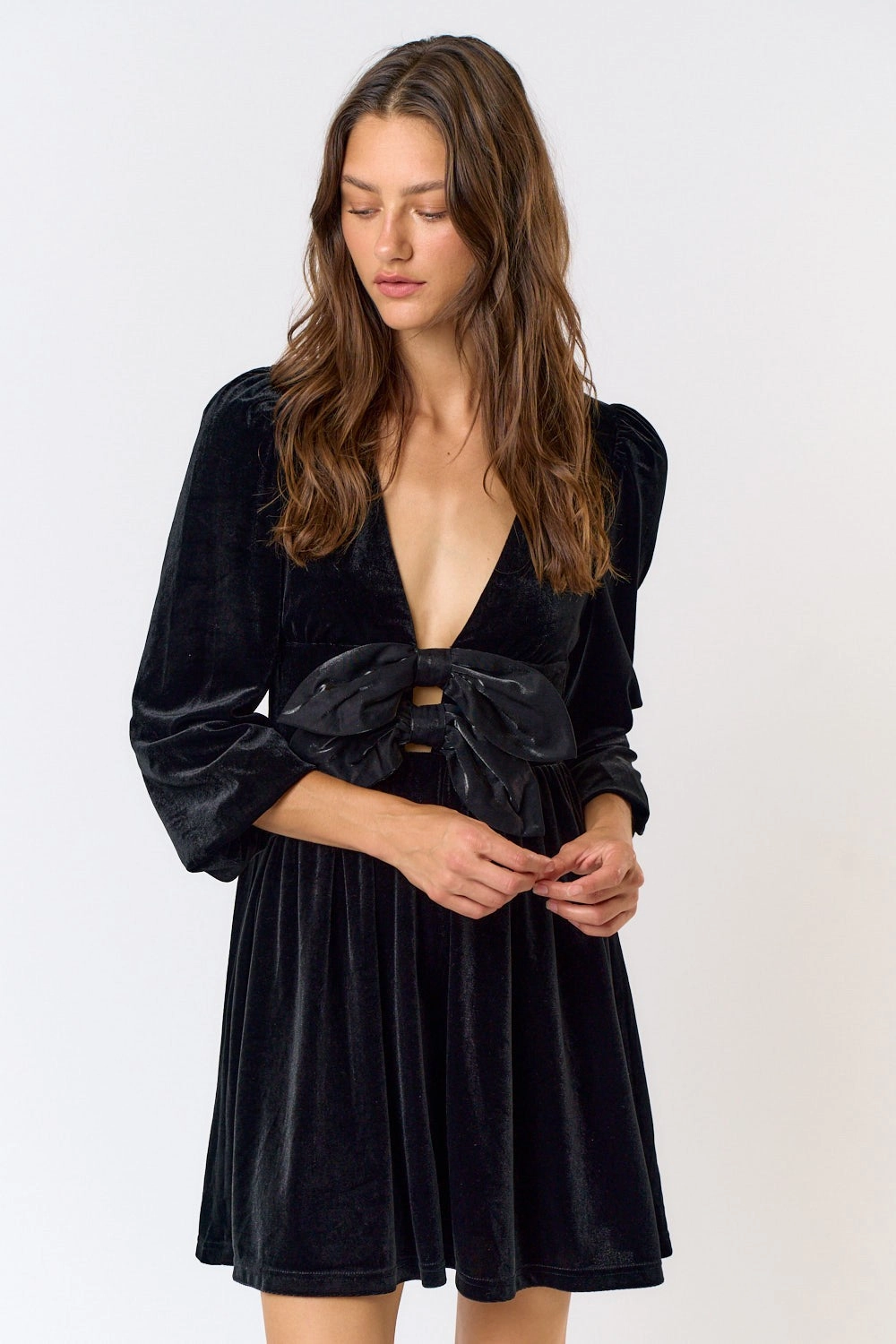 Velvet Bow Mini Dress Comfortable fit-and-flare dress boho vibe