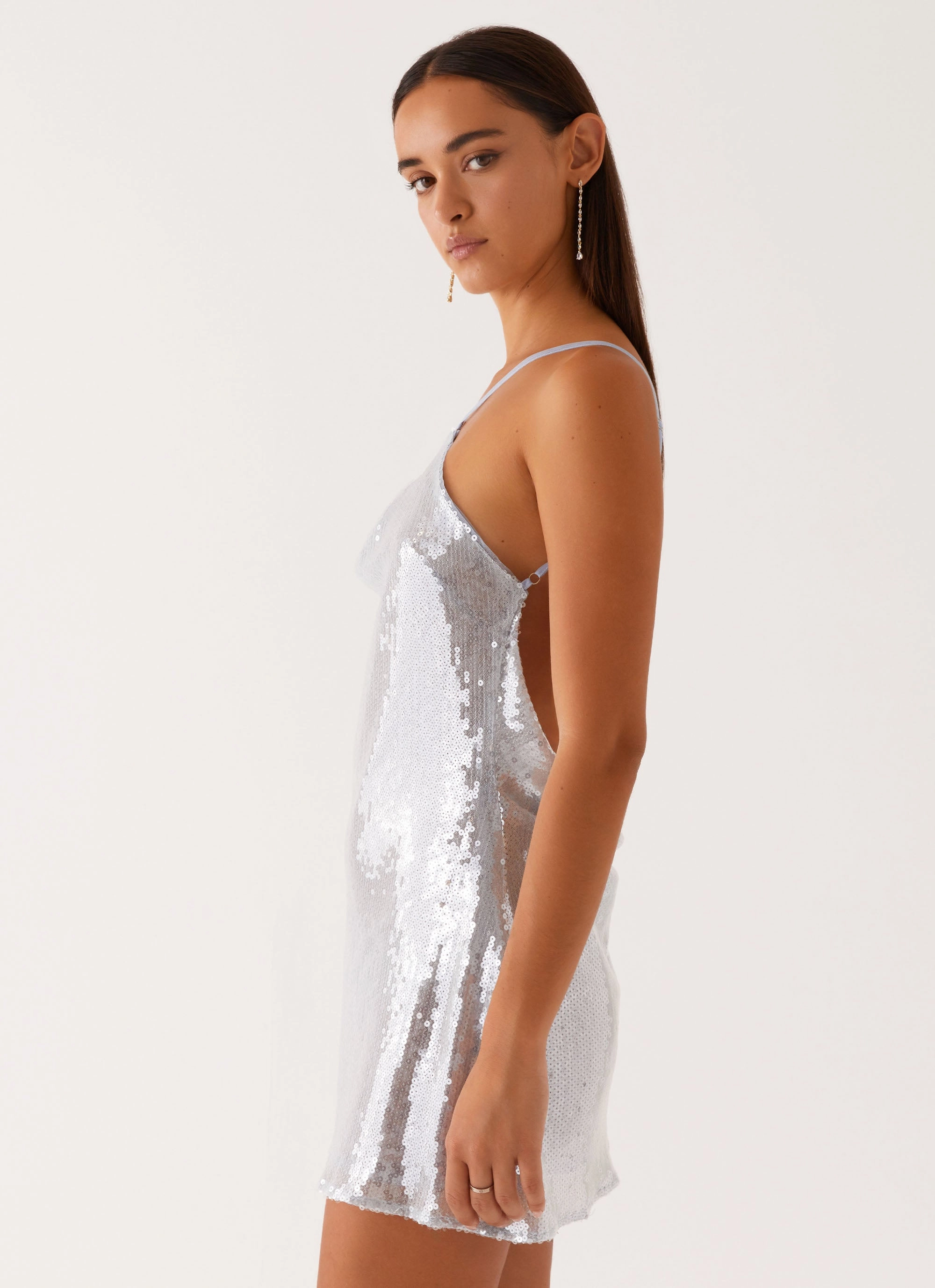 Radiant Energy Cowl Back Mini Dress - Blue Ruched-Detail