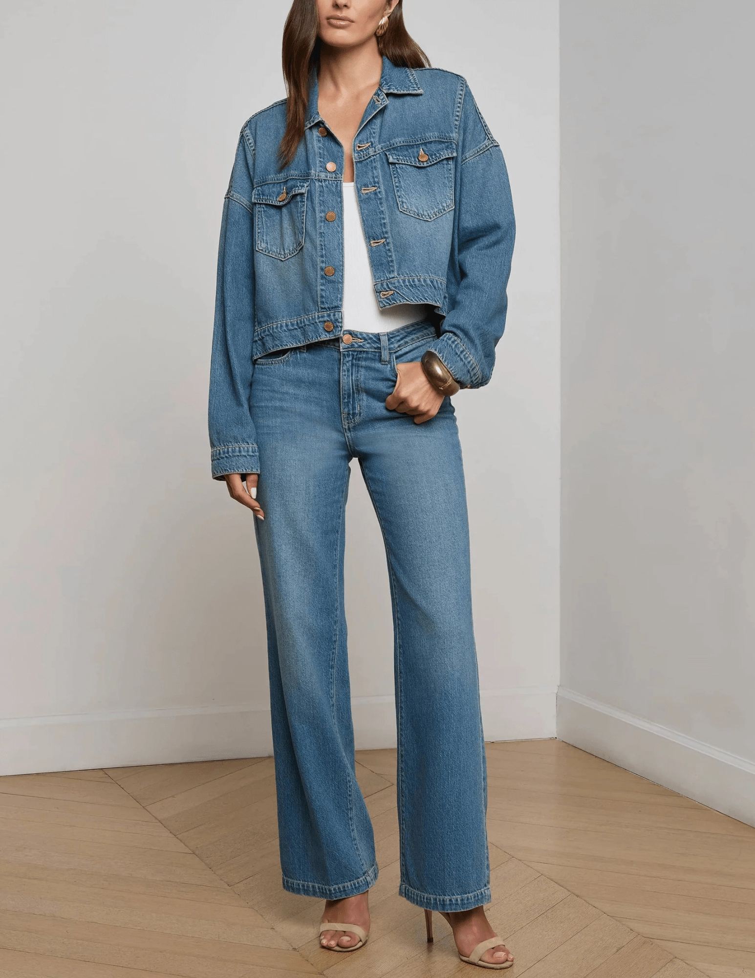 L'AGENCE Vianney Hi-Lo Denim Jacket in Fargo Stretchable Material HiddenPockets