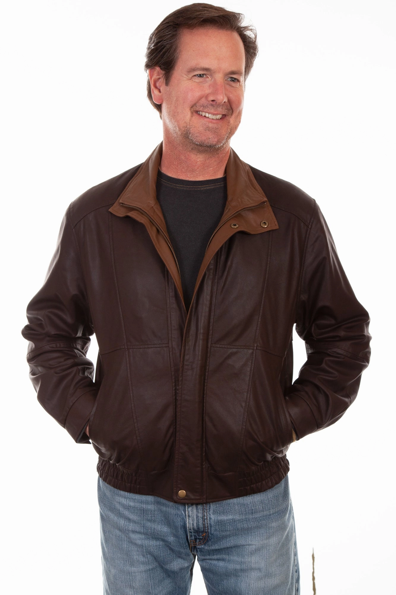 Scully Mens Chocolate/Cognac Leather Dbl Collar Jacket Ultraviolet Protection Stretch Enhanced Mobility Zones