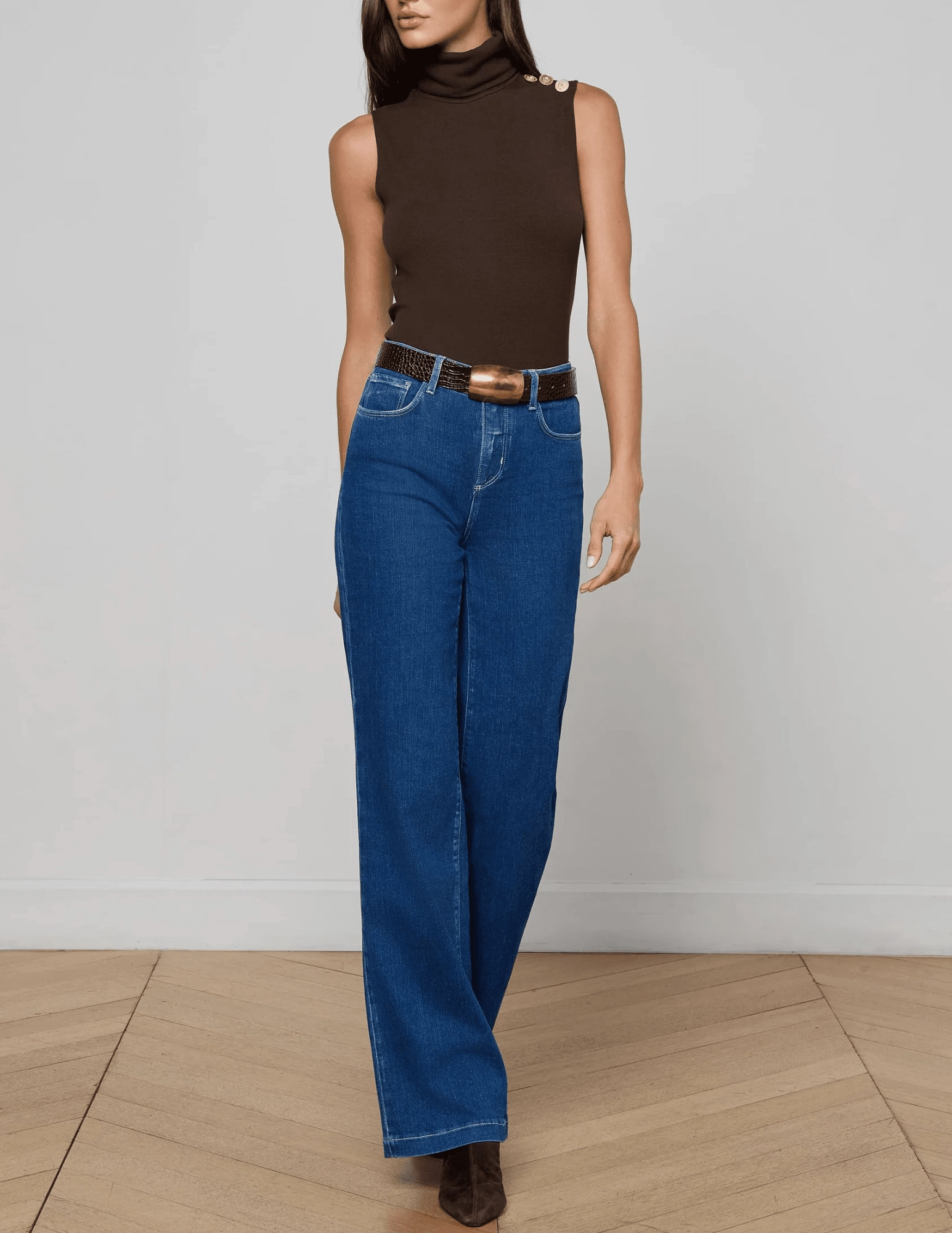 L'AGENCE Ceci Sleeveless Button Turtleneck Tank in Coffee Bean ElasticEdgeBinding