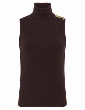 Flexible Ribbing L'AGENCE Ceci Sleeveless Button Turtleneck Tank in Coffee Bean
