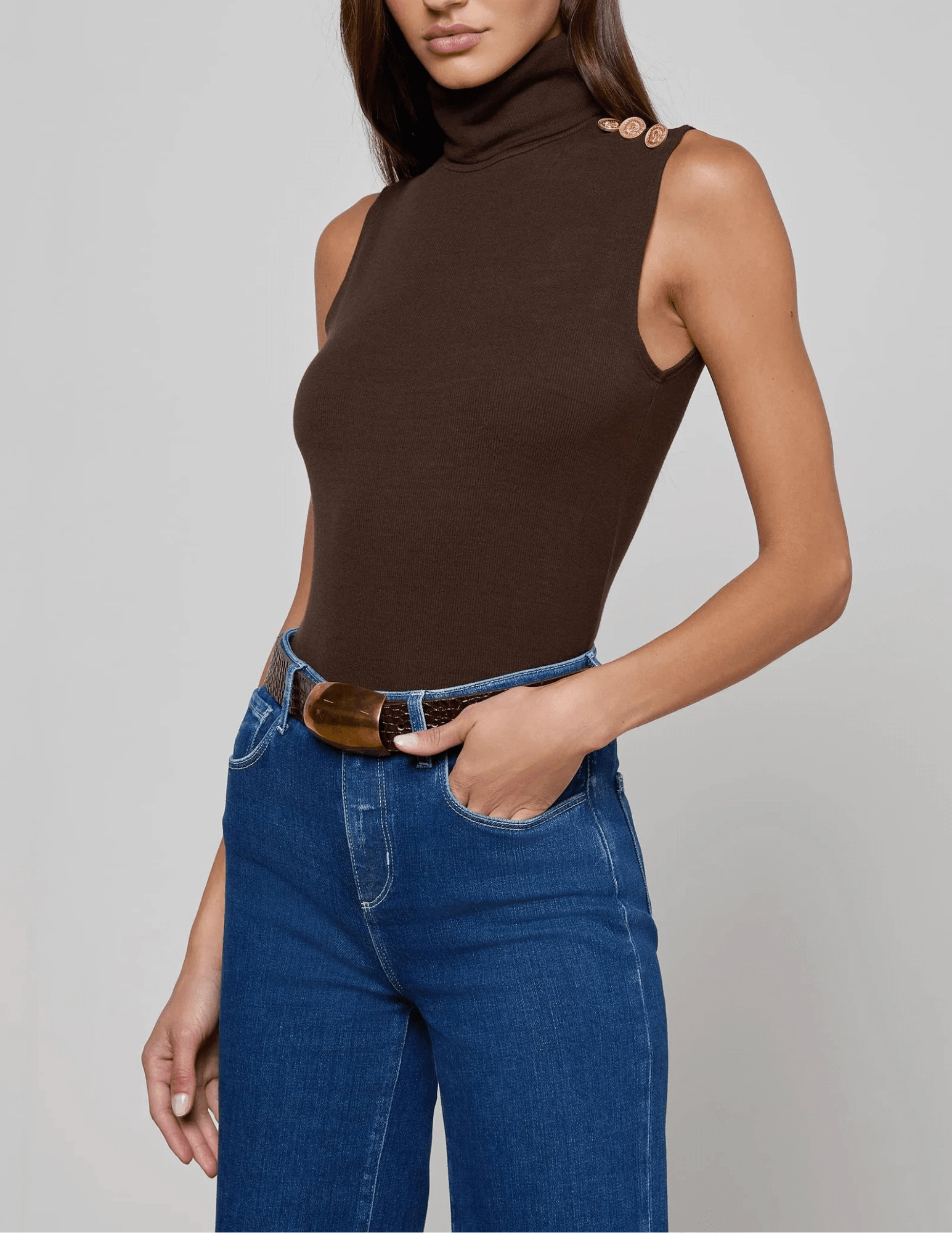 L'AGENCE Ceci Sleeveless Button Turtleneck Tank in Coffee Bean Military - grade Ultra Lightweight Build