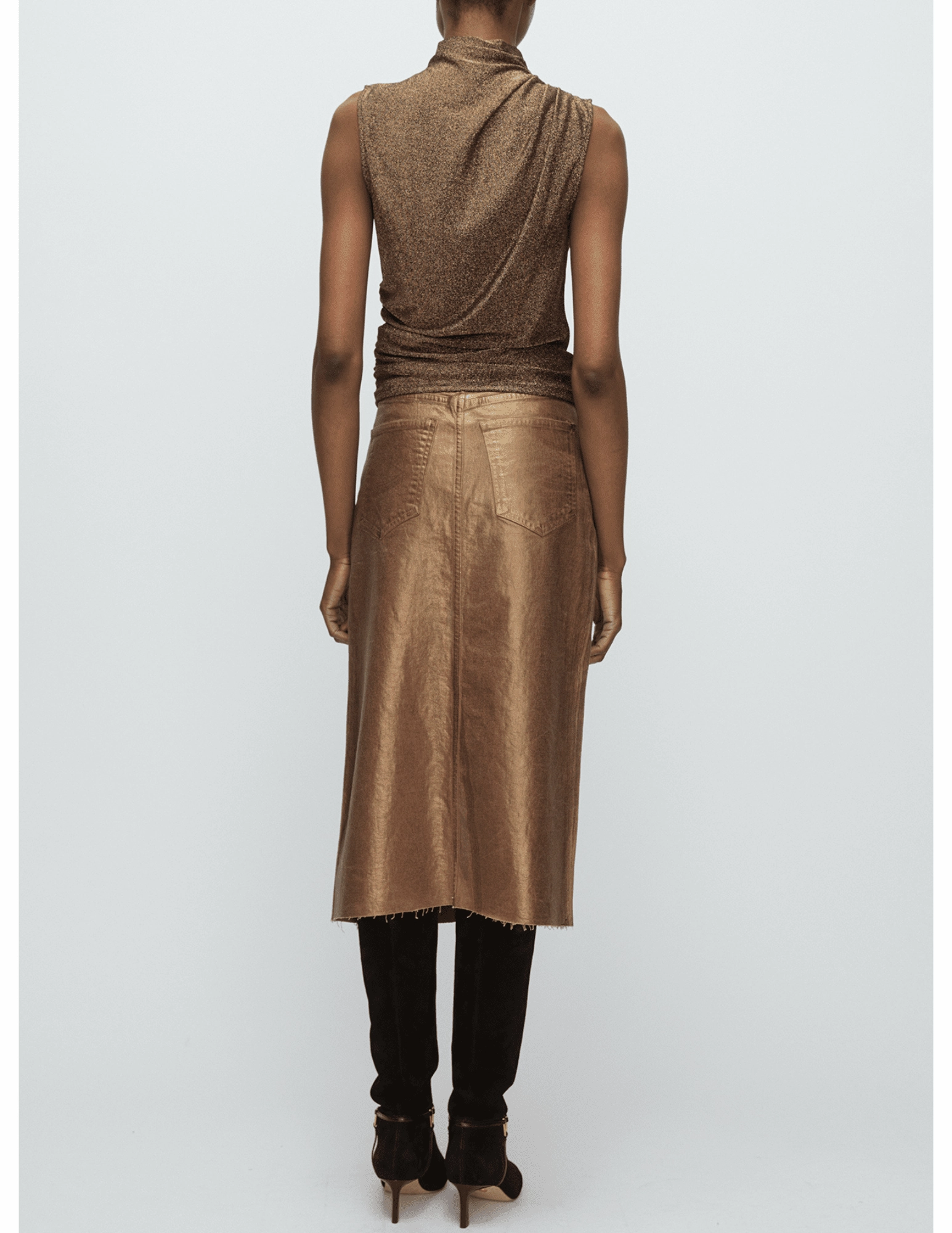 NonRestrictiveFit Ripstop Fabric Technology Veronica Beard Victoria Metallic Denim Midi Skirt in Antique Brass