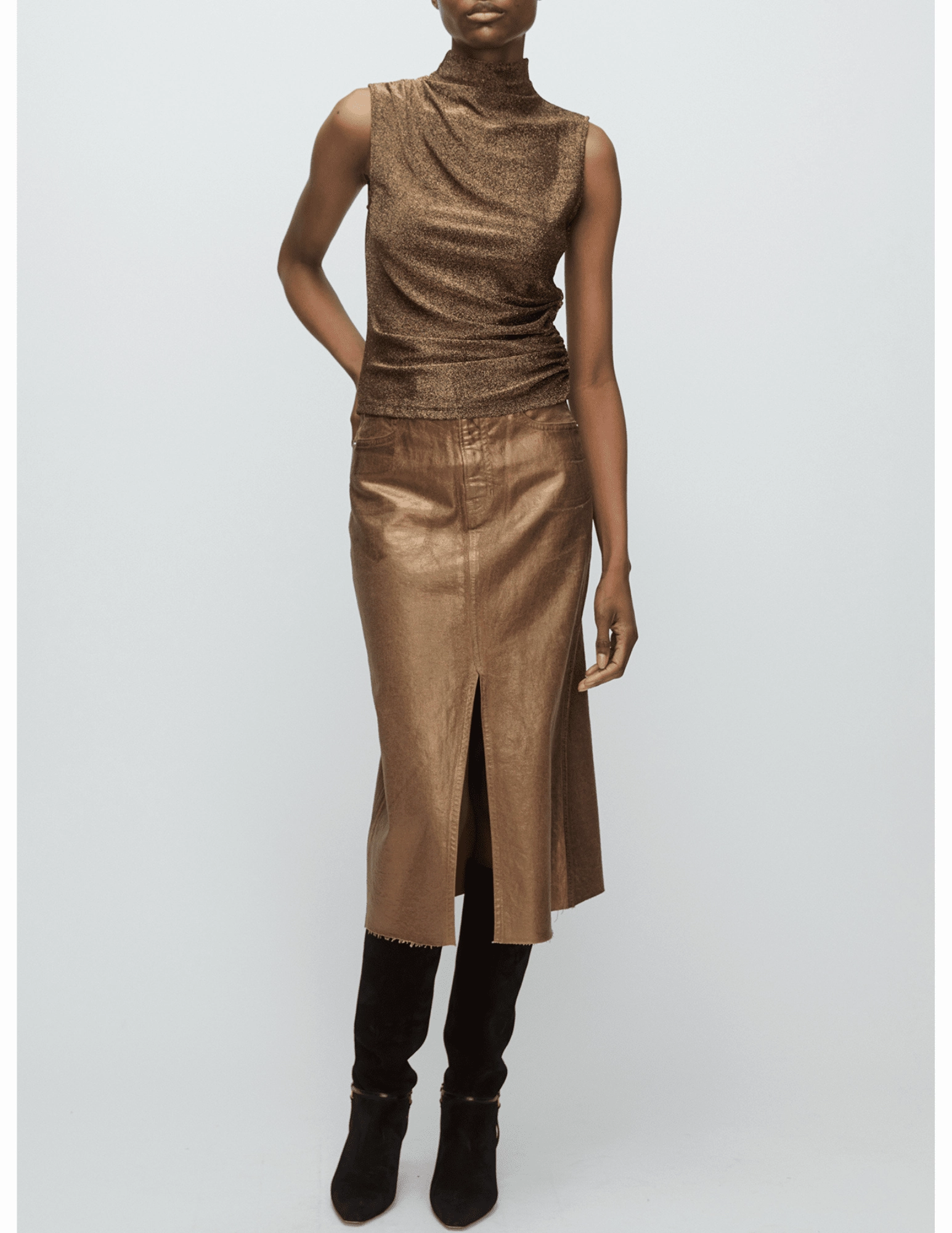 Veronica Beard Victoria Metallic Denim Midi Skirt in Antique Brass All Season Clean Style