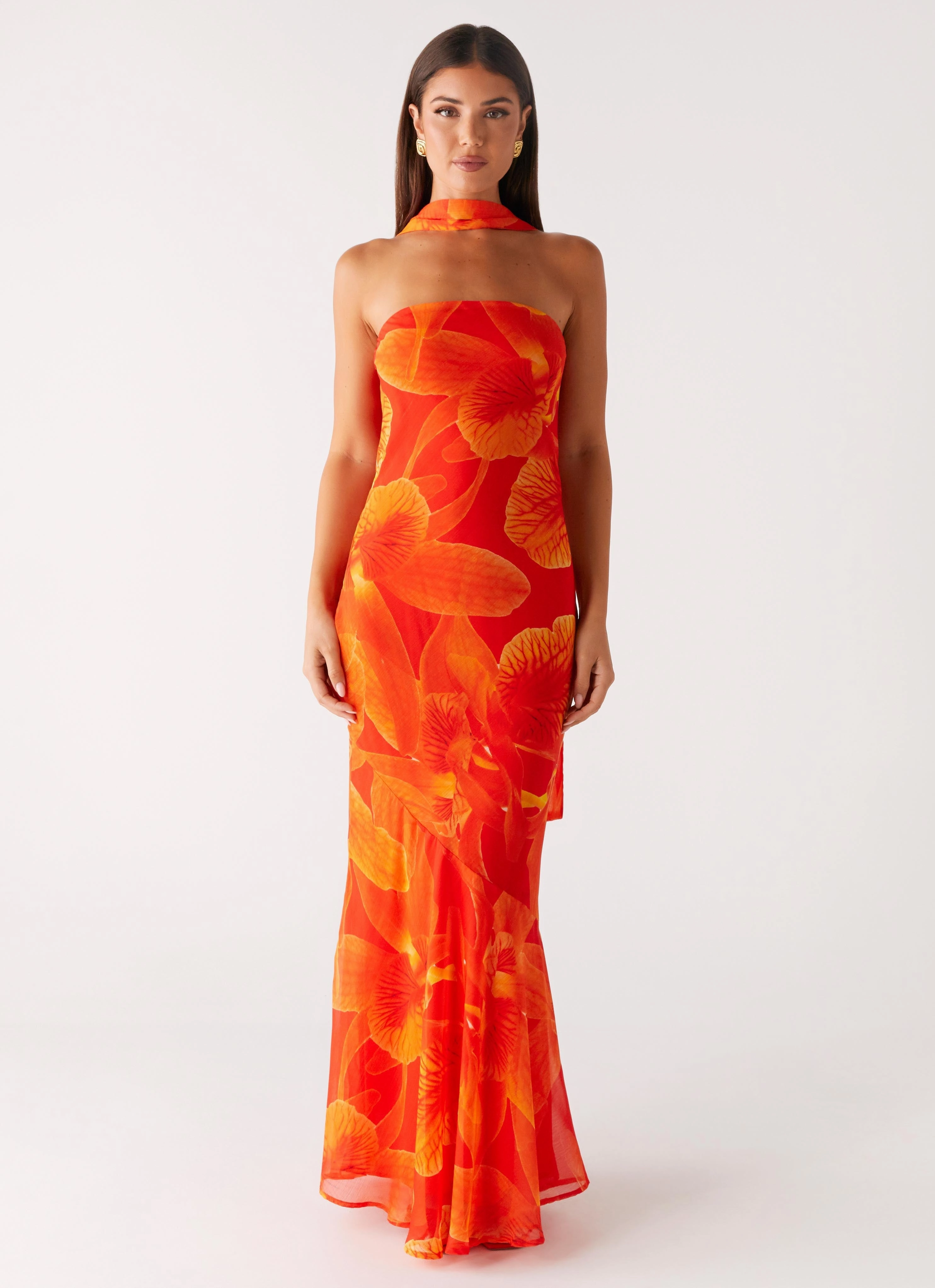 Under The Pagoda Maxi Dress - Orange Floral Evening Motion