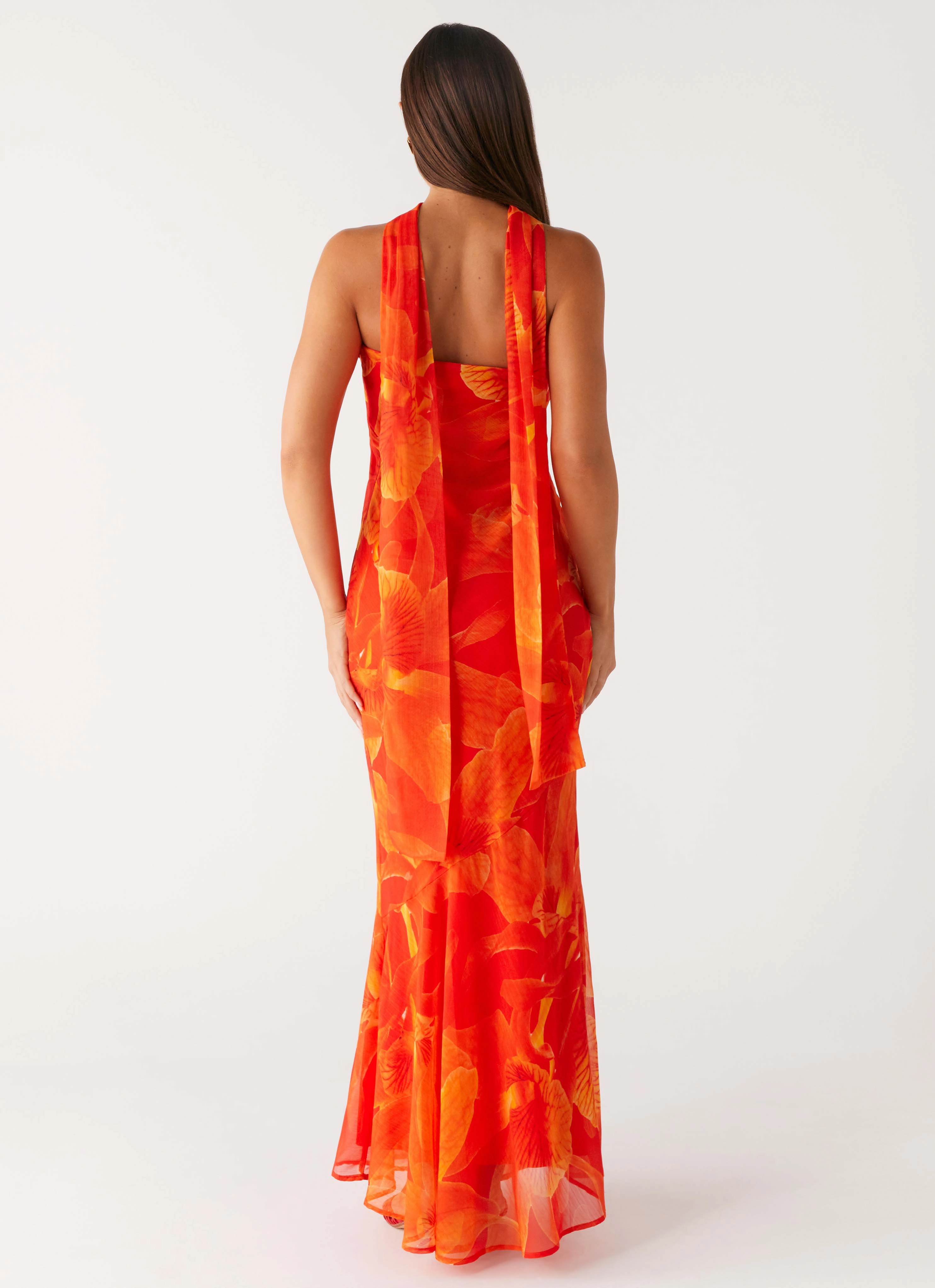 Under The Pagoda Maxi Dress - Orange Floral Minimalist Style Cinched-Waist
