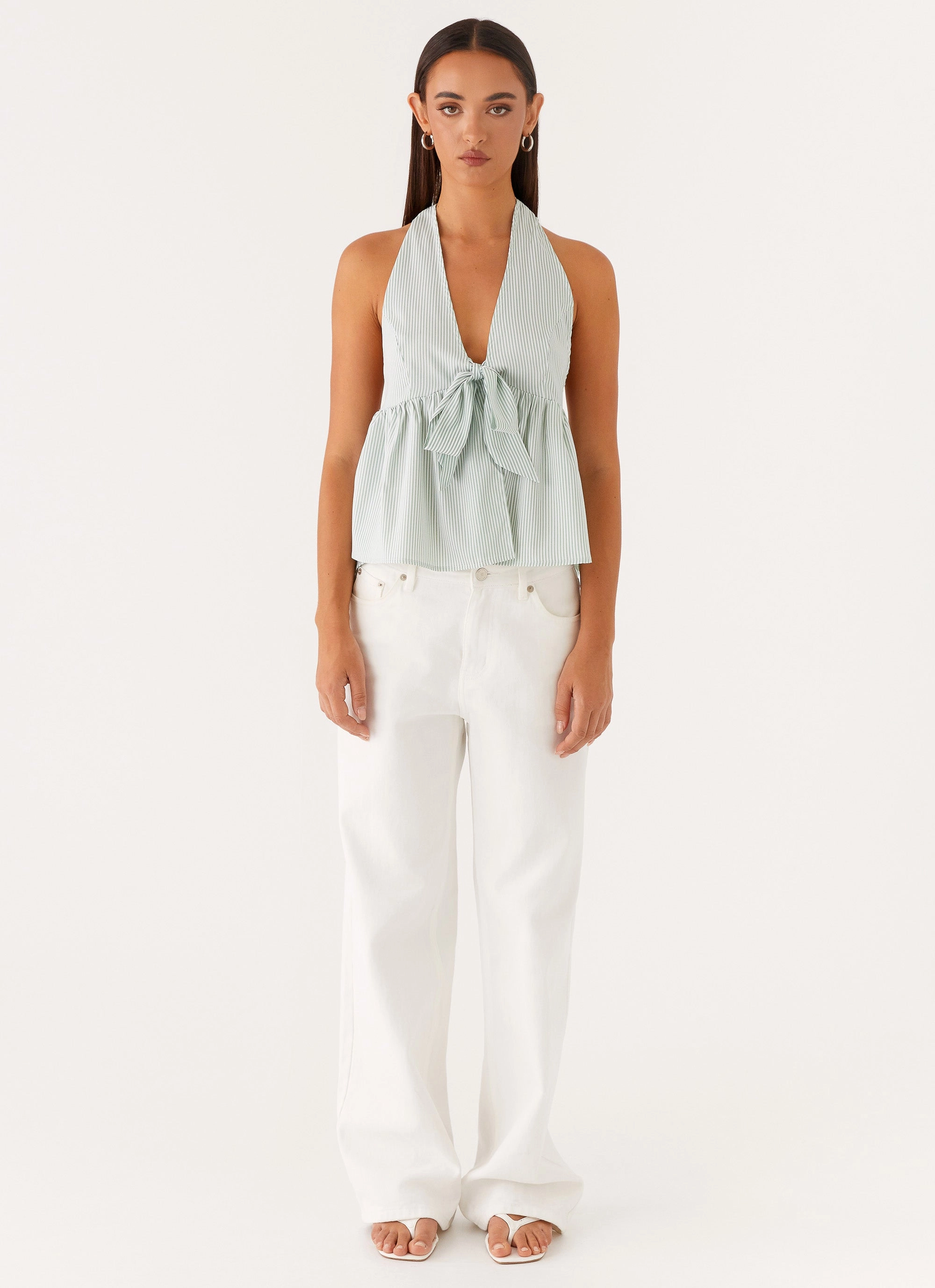 On Repeat Halter Top - Green Stripe Sustainable Manufacturing Formal Tank