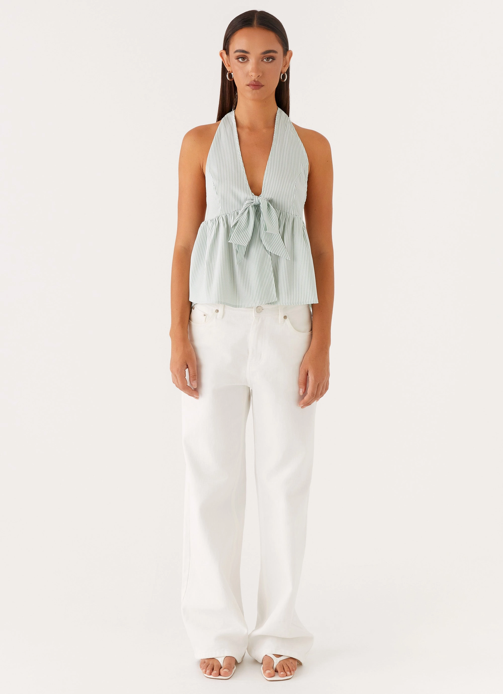 ButtonFront On Repeat Halter Top - Green Stripe