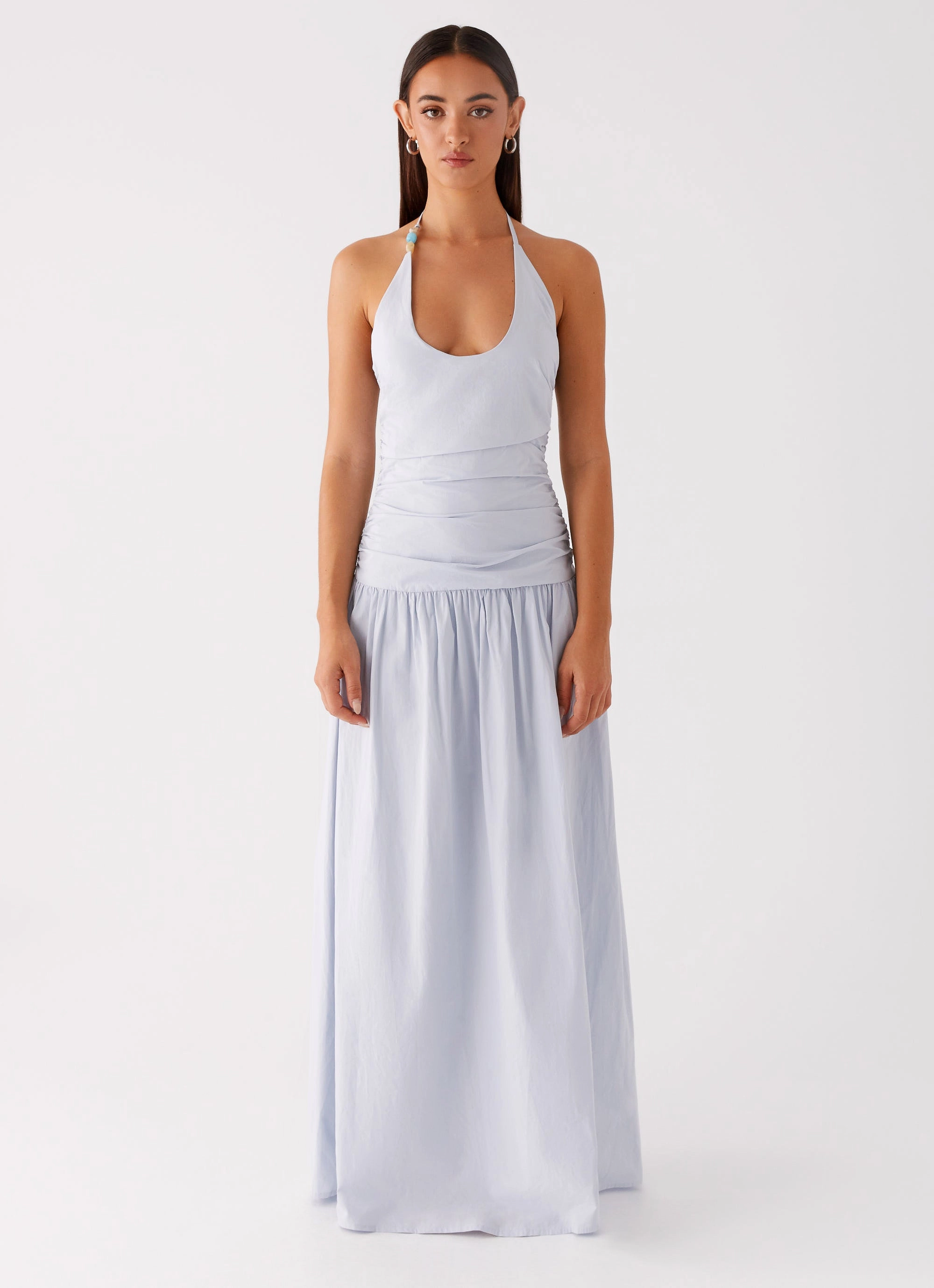 Luxe Fabric Slender Look Cristina Halter Maxi Dress - Cornflower Blue