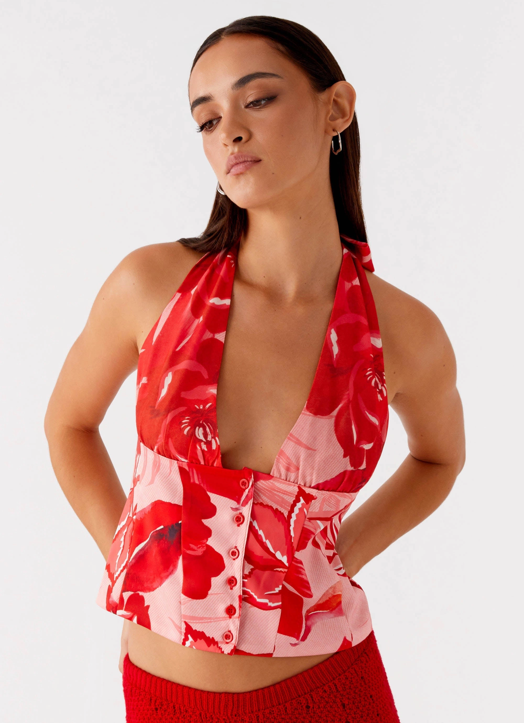 Lets Pretend Halterneck Top - Sicily Sunsets Print Layered Shoulder Eco Friendly Fabric