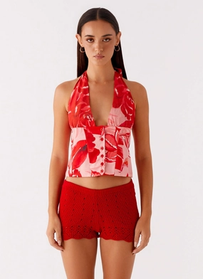 Cozy Blouse QuickDryConstruction Lets Pretend Halterneck Top - Sicily Sunsets Print