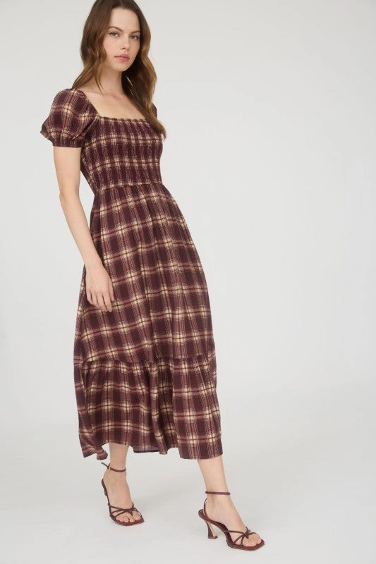 Vickie Plaid Smocked Puff Sleeve Ruffle Hem Midi Dress Smart and Relaxed