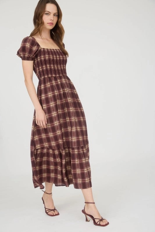 Daily Movement Work Fit Vickie Plaid Smocked Puff Sleeve Ruffle Hem Midi Dress