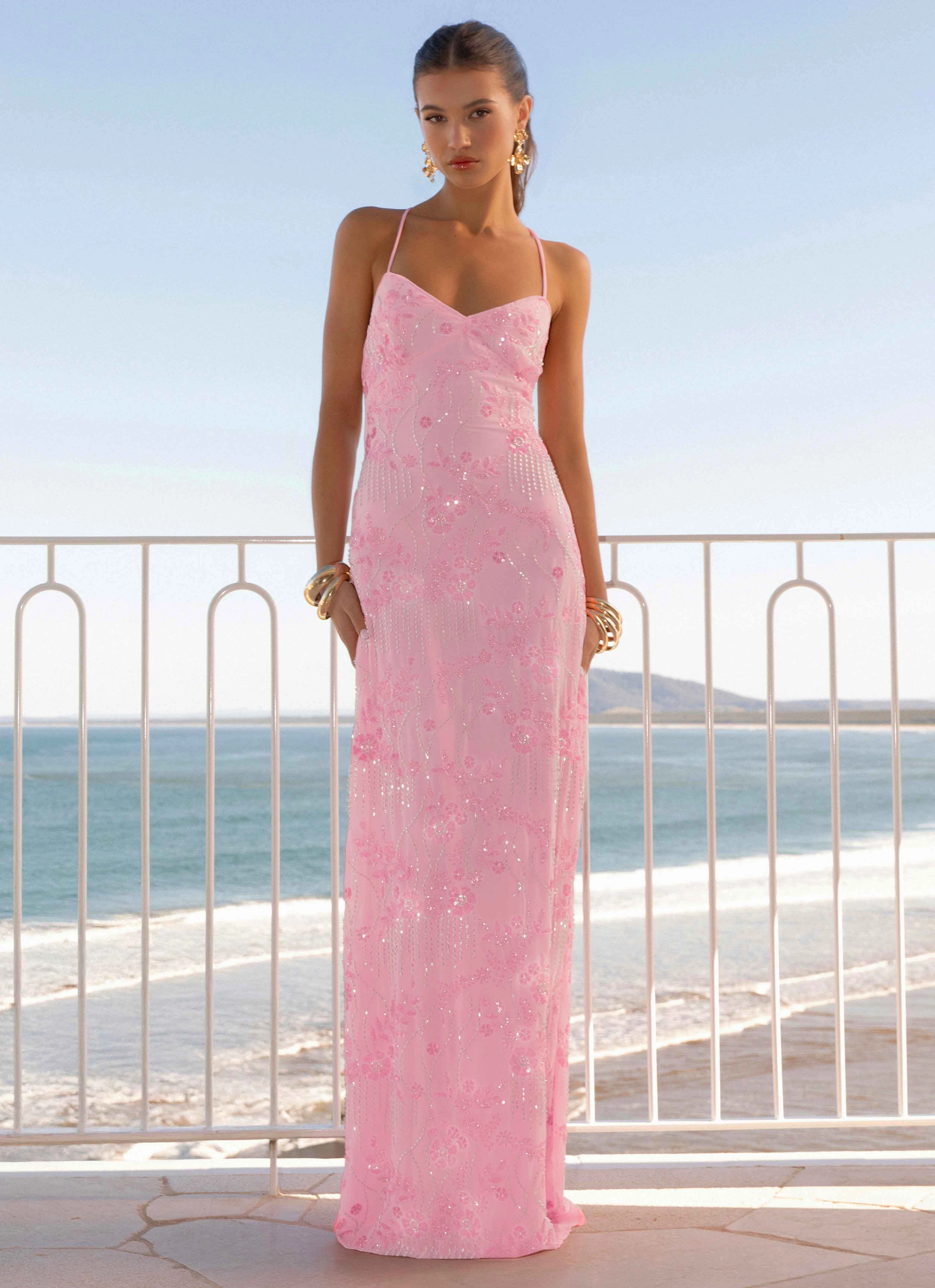 Vietta Sequin Cami Maxi Dress - Pink Satin-Sleeve Lightweight-Structure