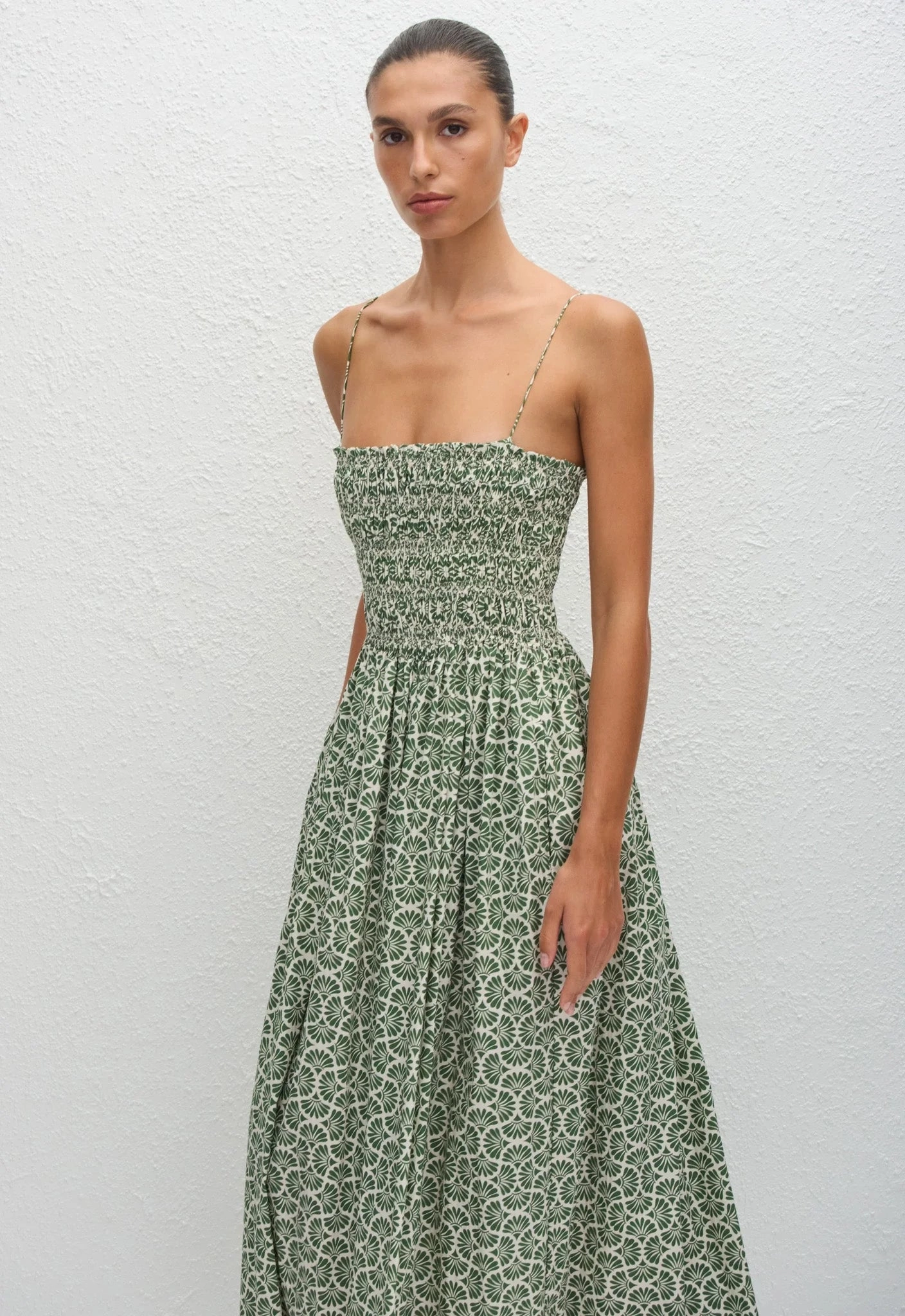 Tulle-Overlay Shirred Bodice Dress in Vetiver