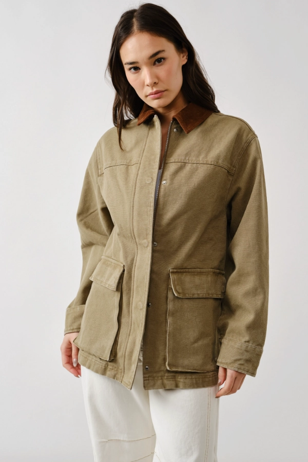 Vintage Washed Barn Jacket - Olive Soft Brushed Lining ButtonFront