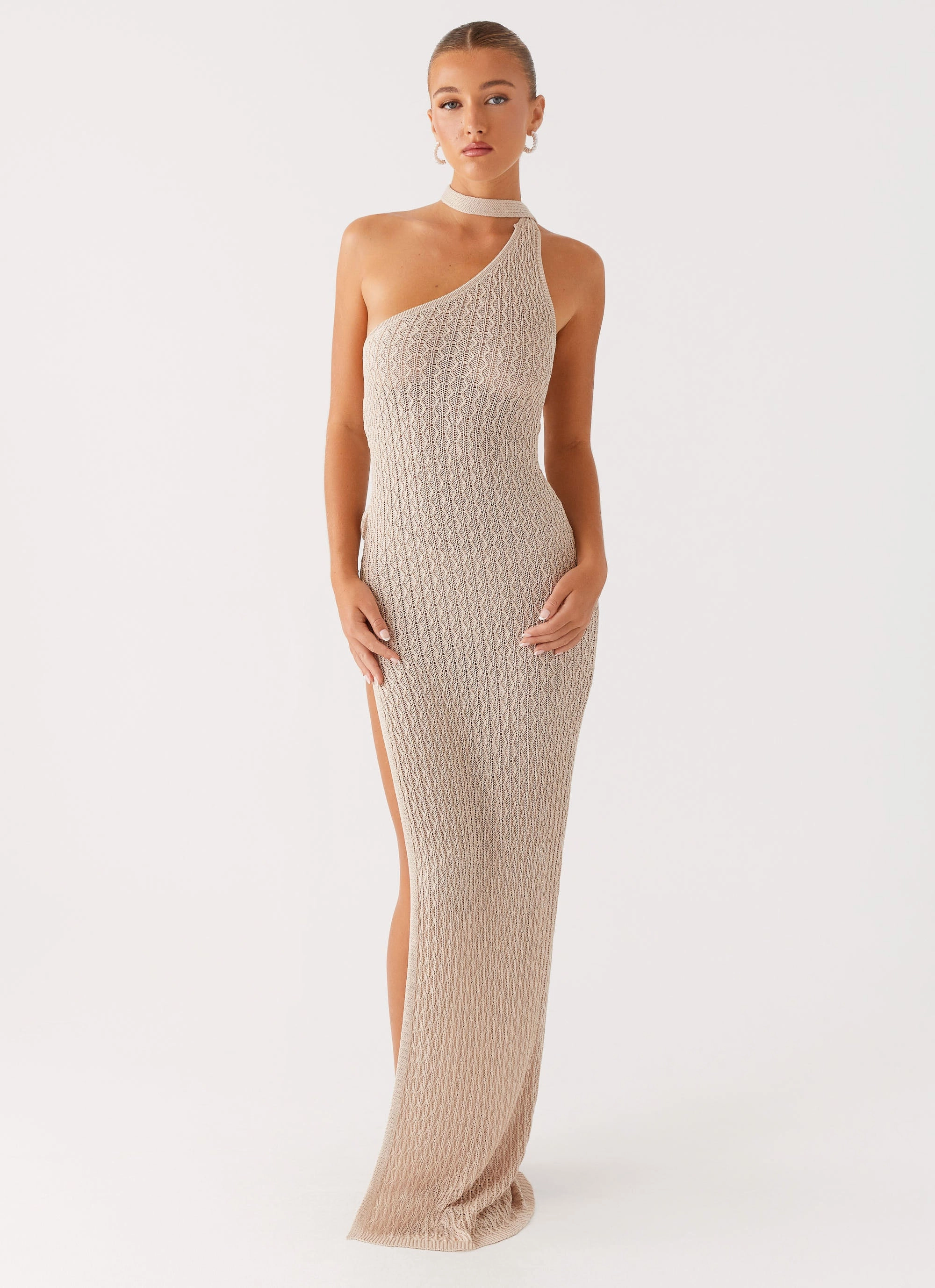 Carryn Knit Maxi Dress - Beige Geometric-pattern Natural Light