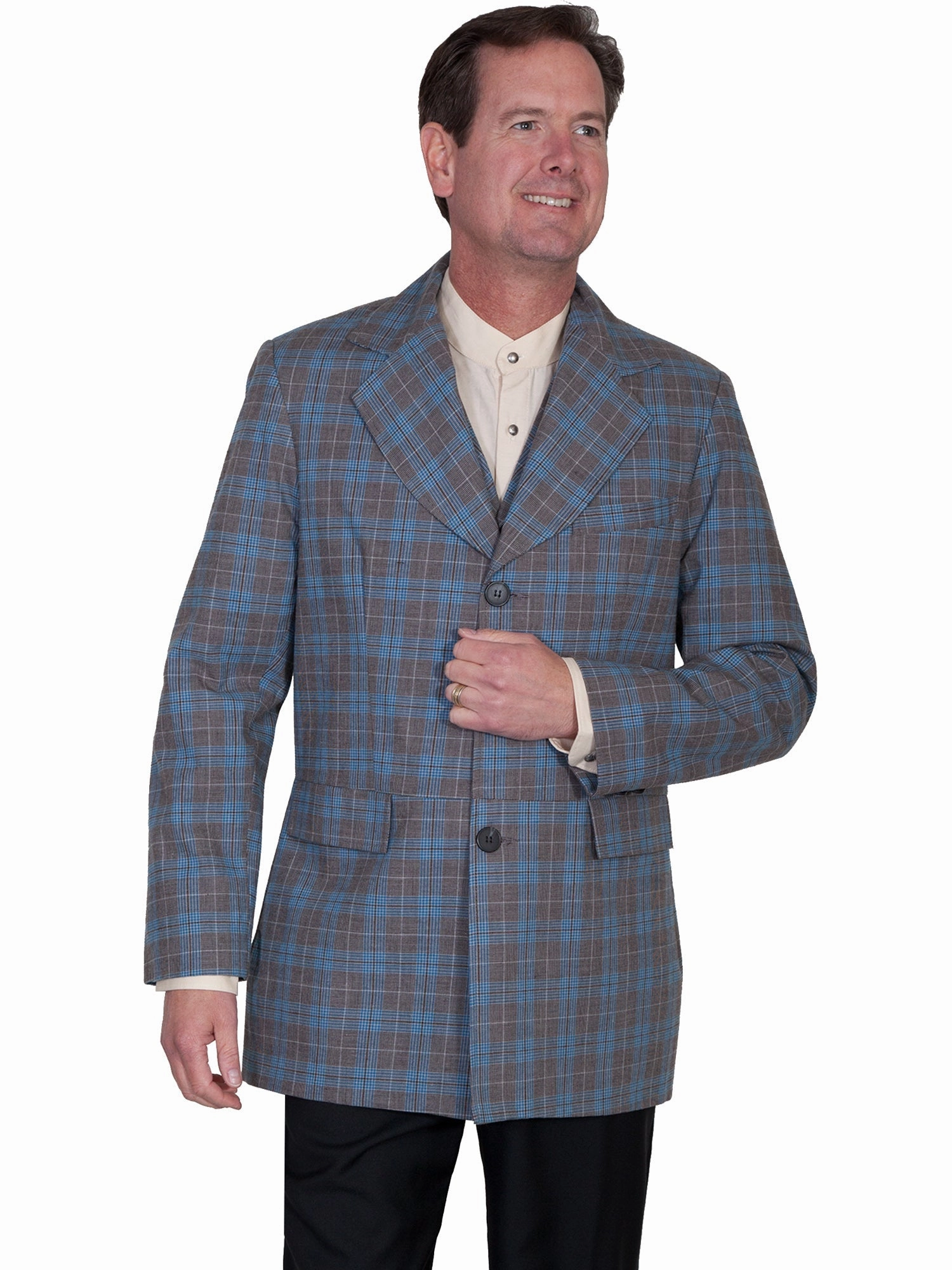 Wahmaker Mens Blue Wool Blend Plaid Town Coat Flexible Knit