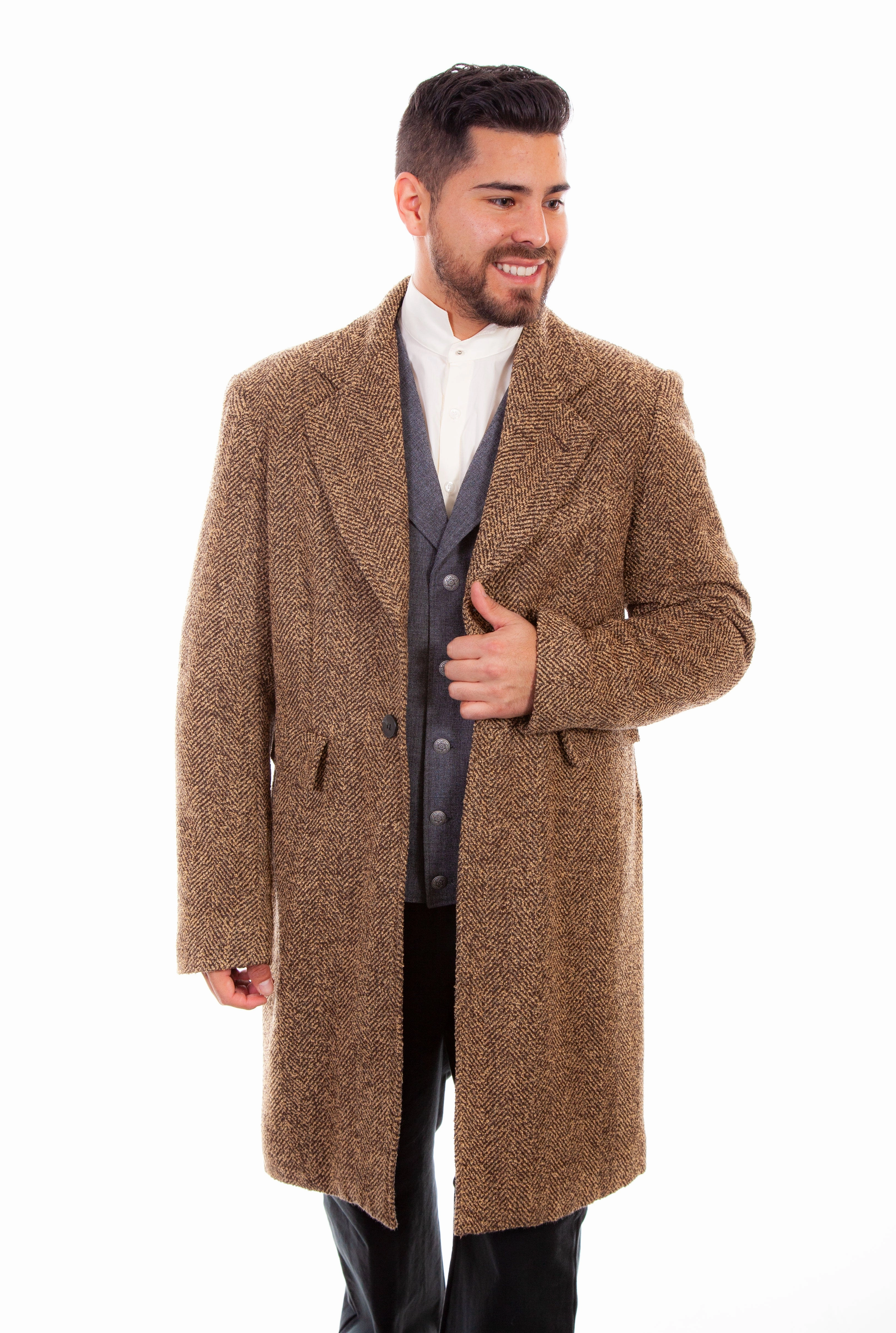 Wahmaker Mens Brown 100% Wool Herringbone Pile Coat Waterproof Coating