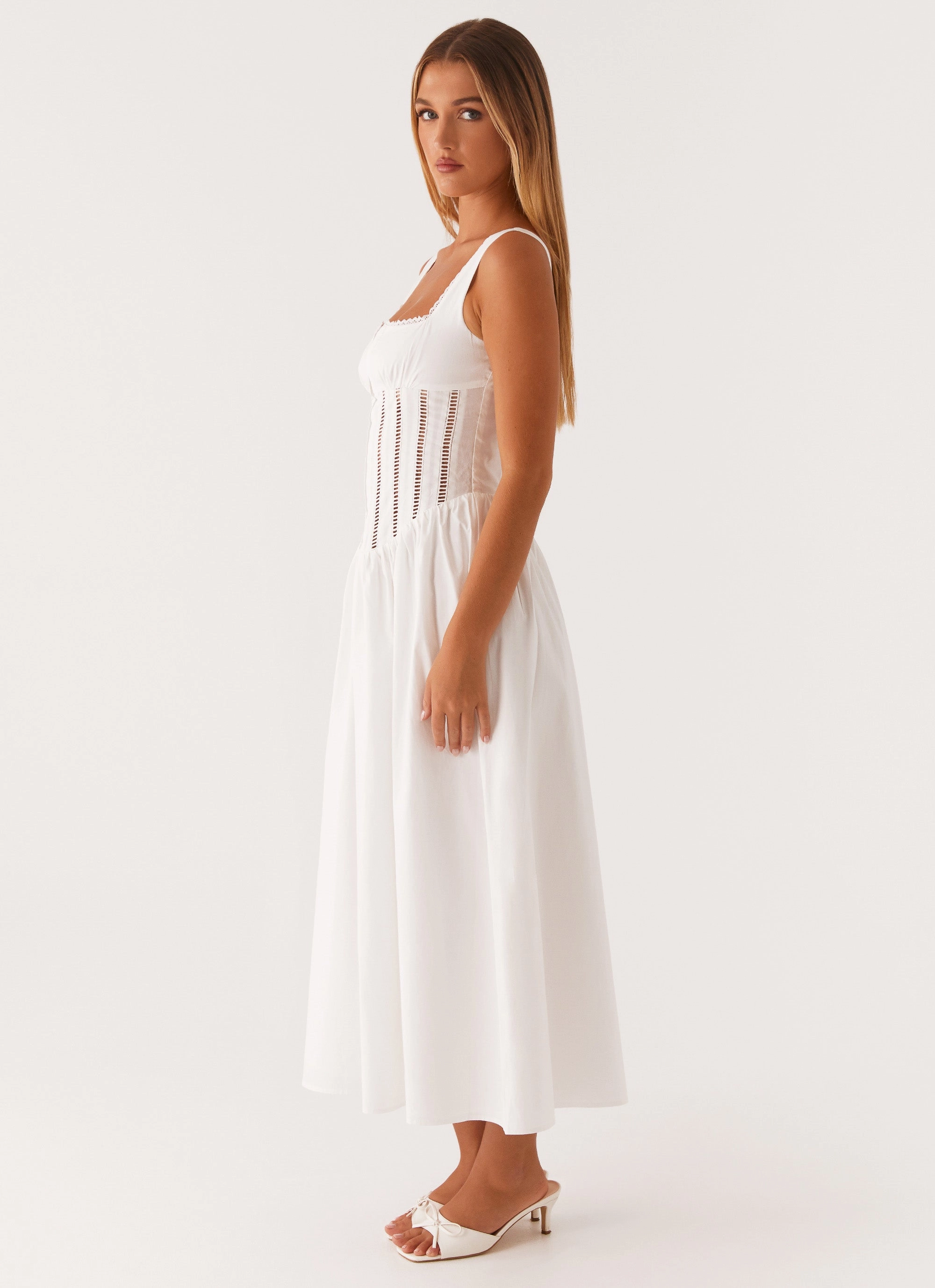 Waiting On You Midi Dress - White Calm Drape Evening Event