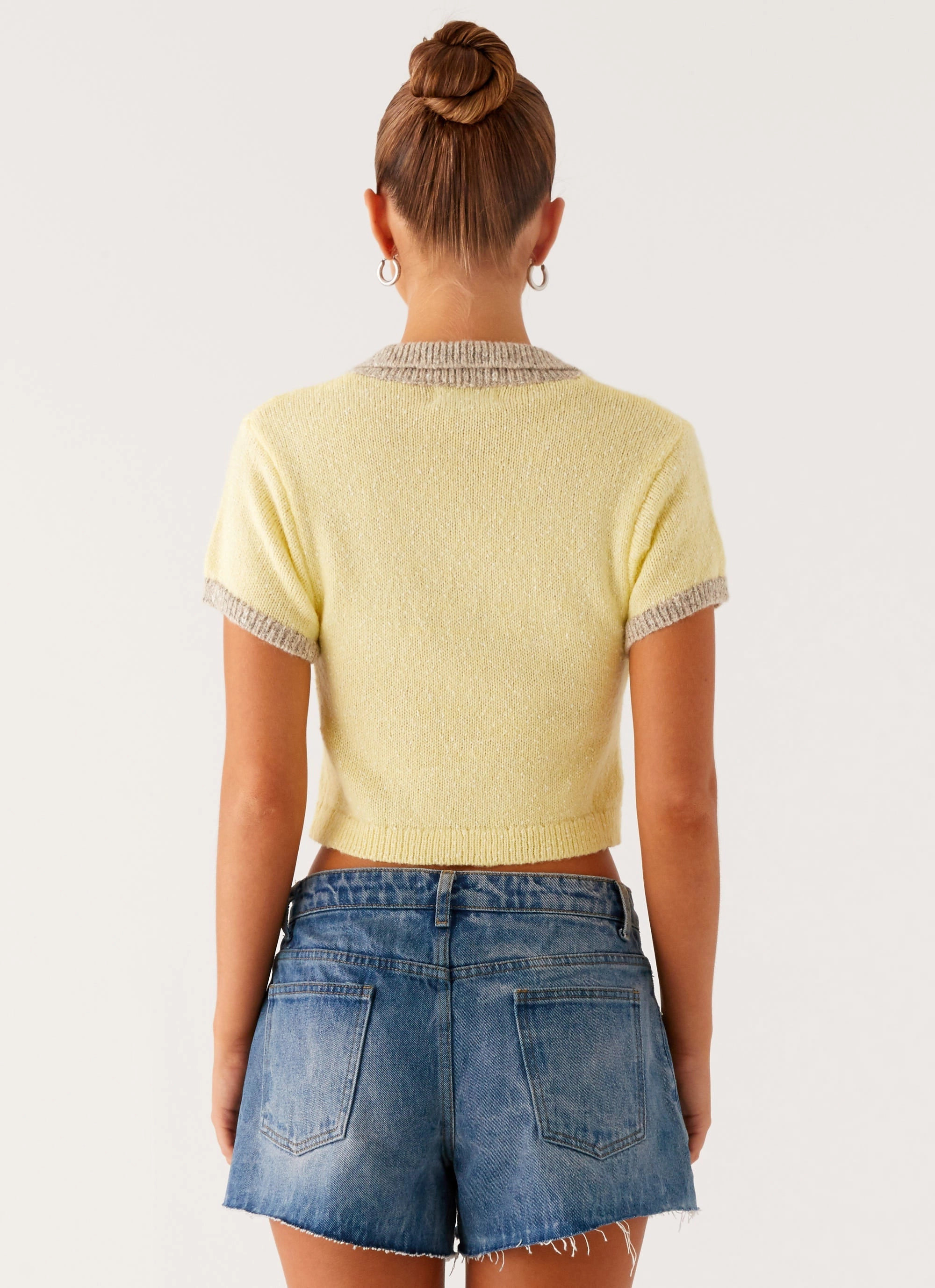 3D Spacer Fabric Ribbed Hemline Walsh Knit Polo Top - Yellow