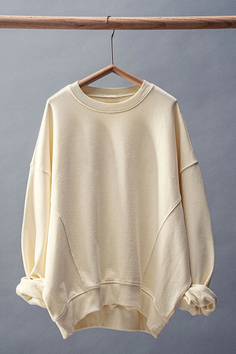 Washed Pullover Sweatshirt Subtle Texture Weave Flatlock stitching