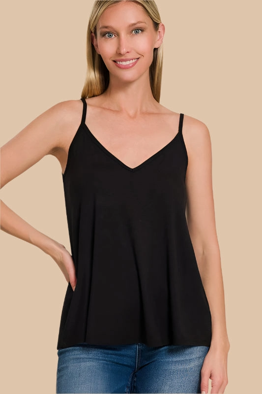 LINDSEY TWO-WAY V AND SCOOP NECK REVERSIBLE SPAGHETTI CAMI AntiSlipGrip OrganicCotton