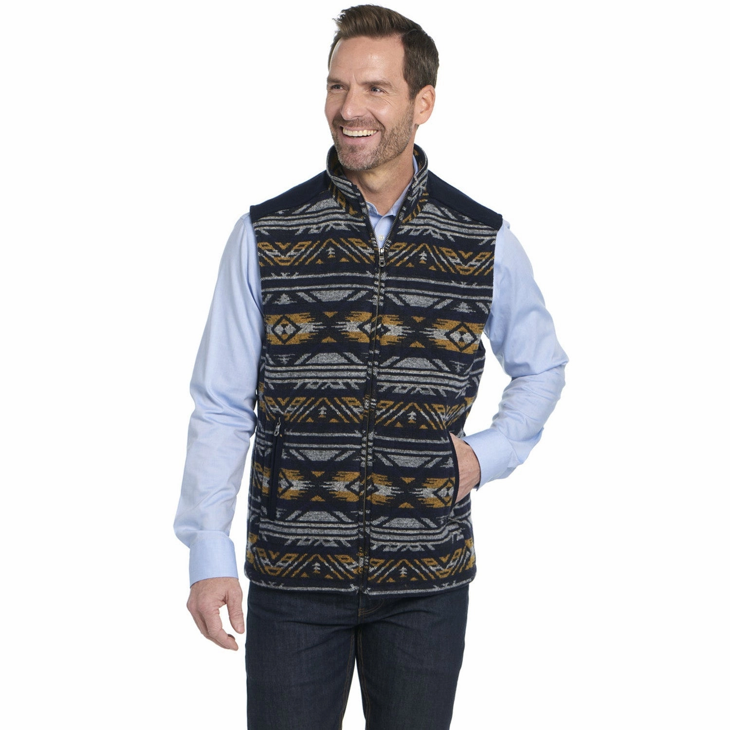 Tailored Silhouette Cripple Creek Mens Navajo Blanket Zip Trim Scotch Blue 100% Polyester Vest