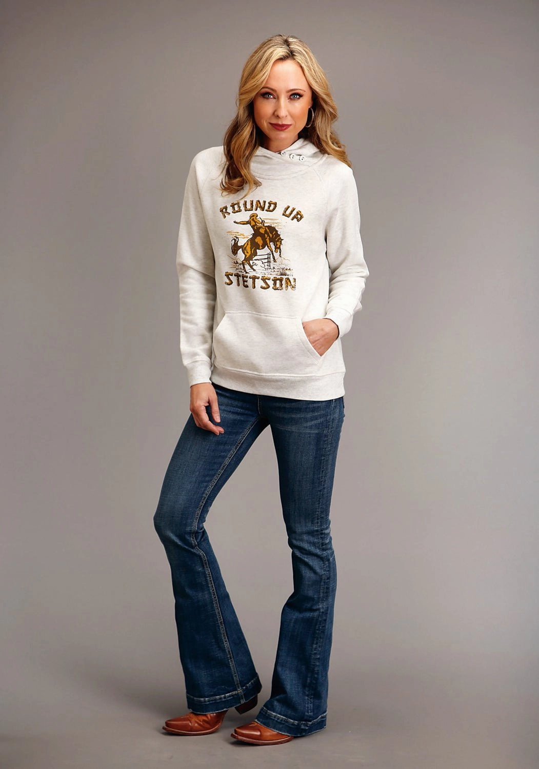 Stetson Womens Round Up Oatmeal Cotton Blend Hoodie Non Restrictive Movement Cut Foldable Design